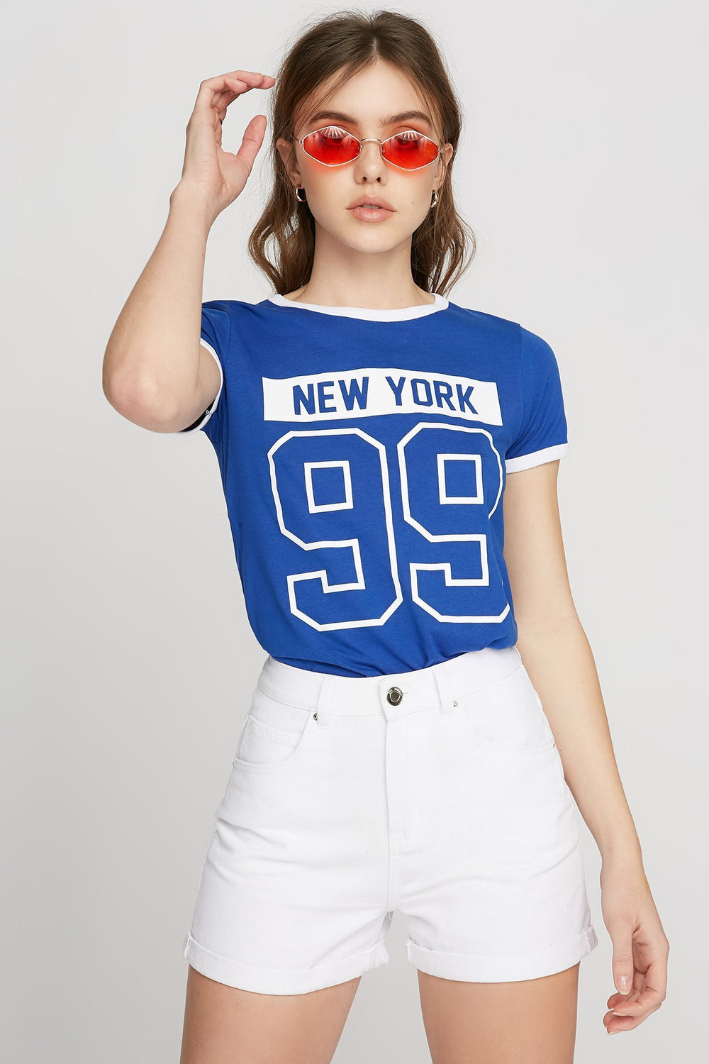 Women T-shirt à liséré contrastant avec imprimé New York 99 Bleu roi