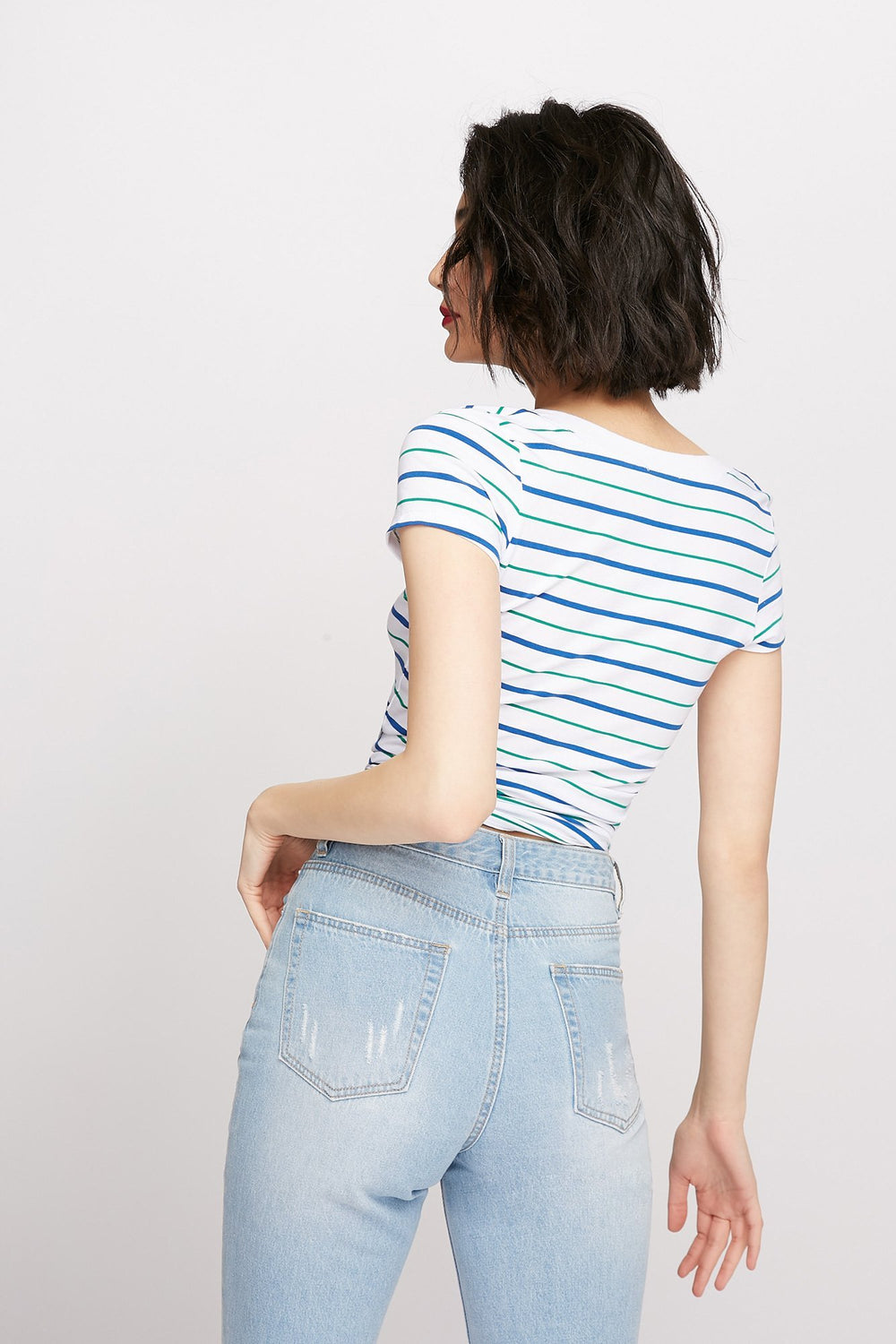 Women T-shirt rayé à encolure en V Bleu roi