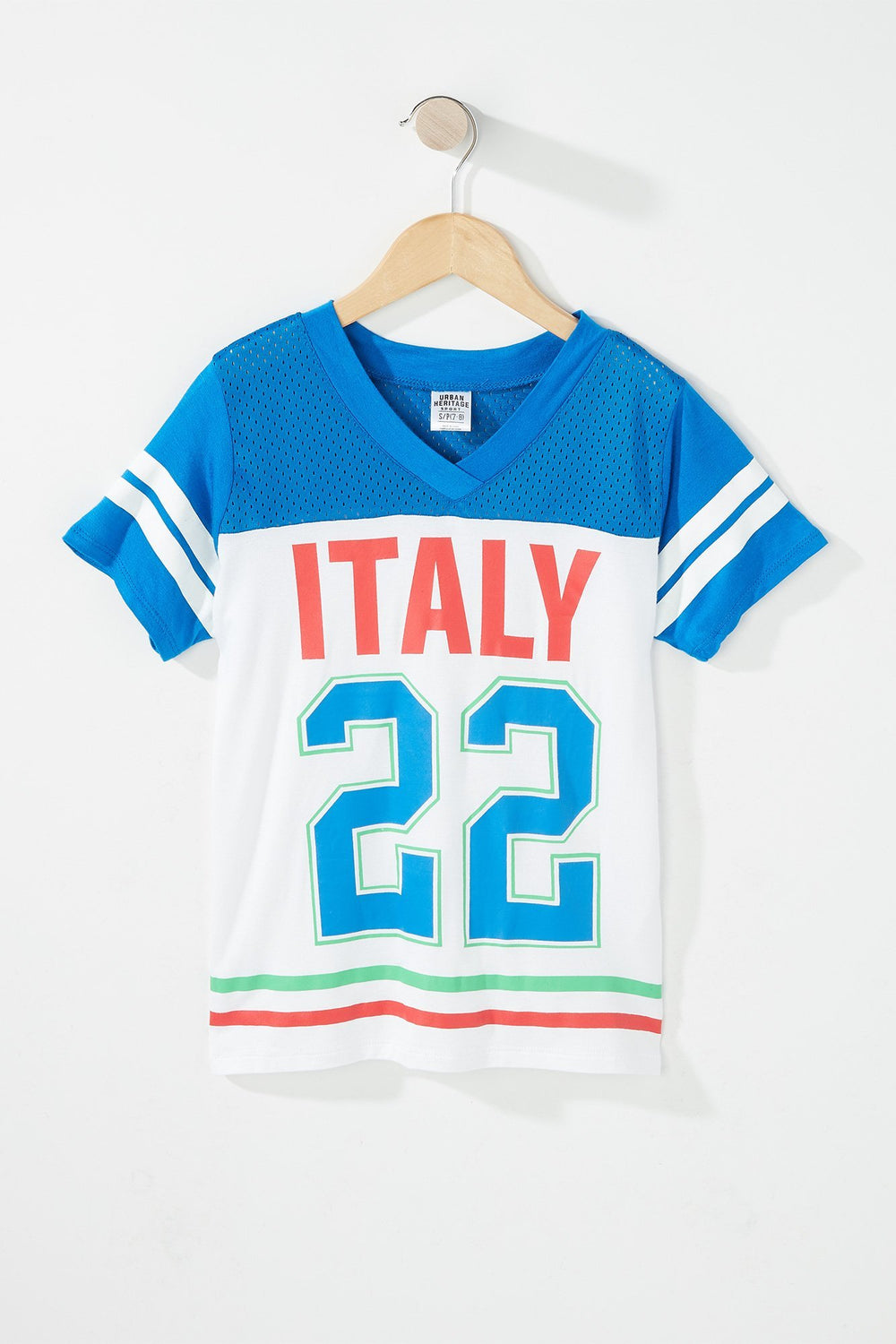 Kids T-shirt rayé de style universitaire en filet avec imprimé World Cup et encolure en V pour fille Bleu roi