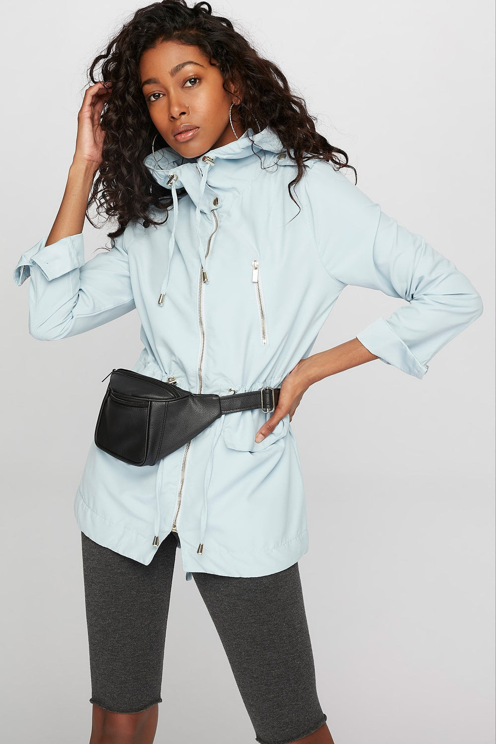 Women Anorak à capuchon en microfibre avec taille coulissante Bleu