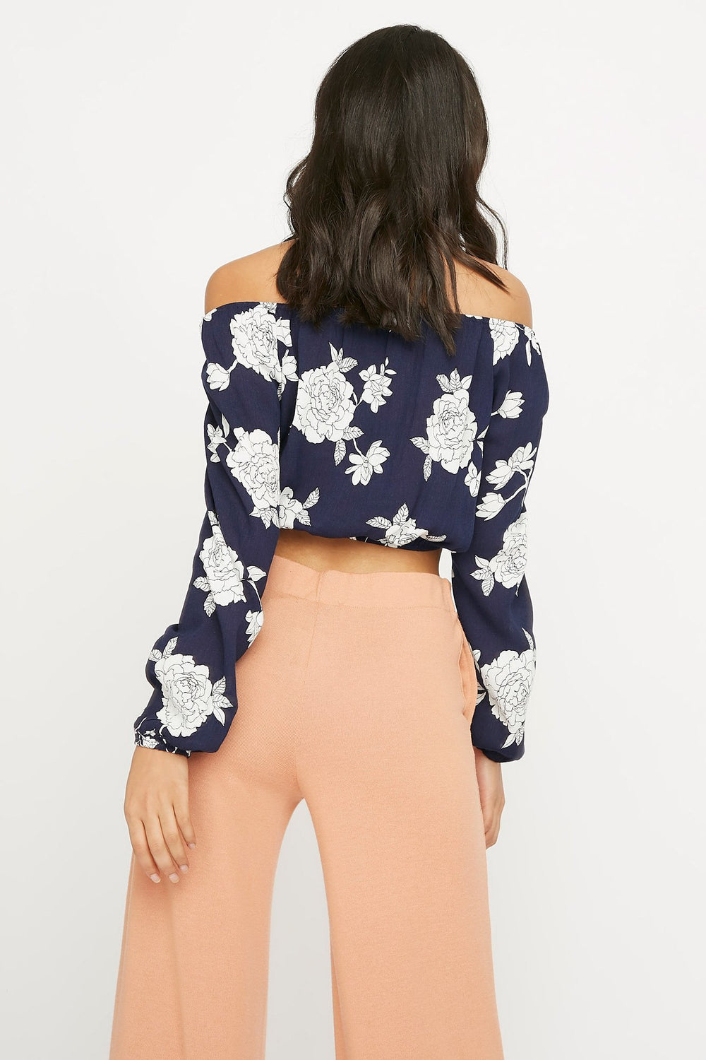 Women Blouse courte cintrée imprimée à épaules dénudées et taille coulissante Bleu
