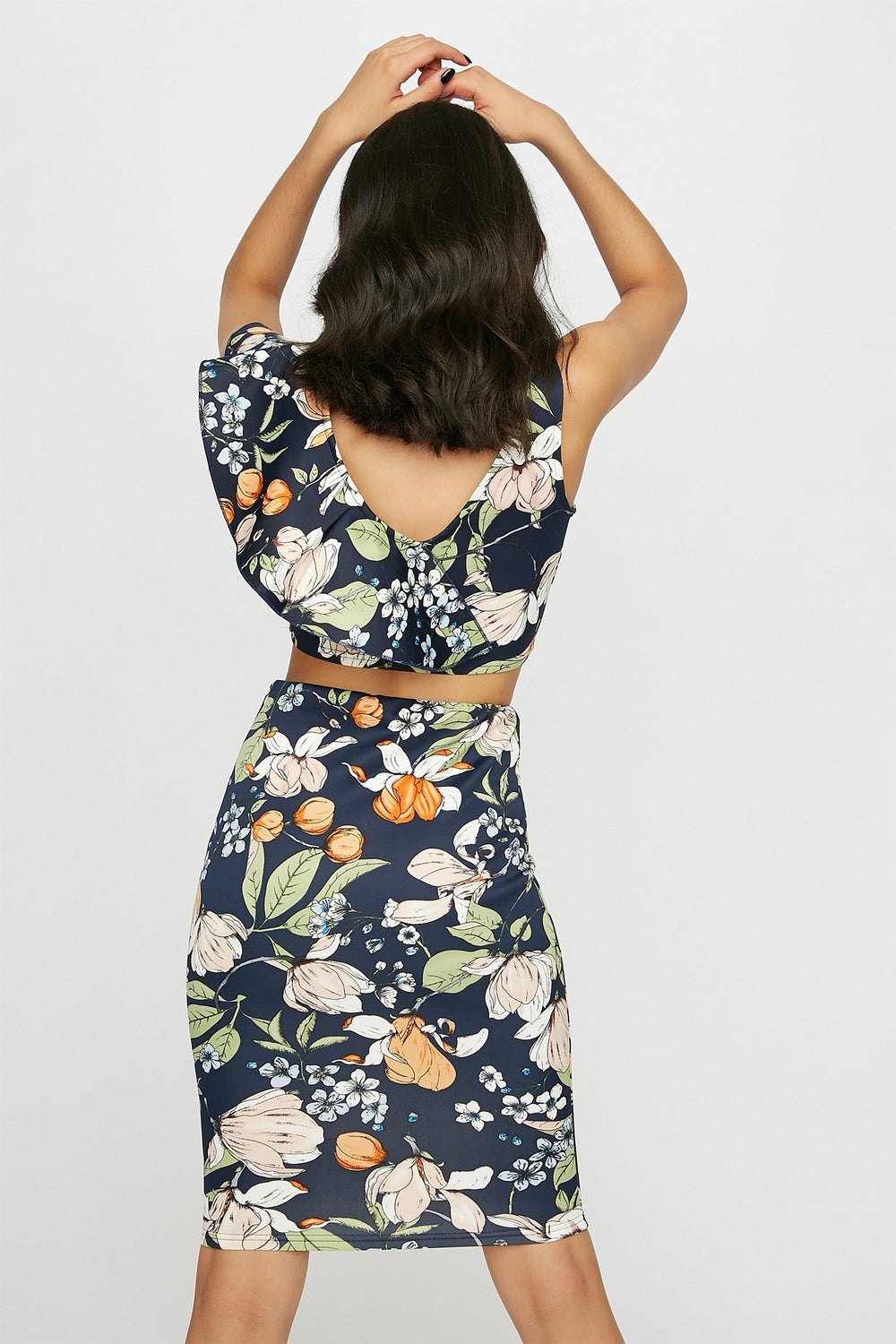 Women Jupe midi de style plongée fleurie à taille haute Bleu