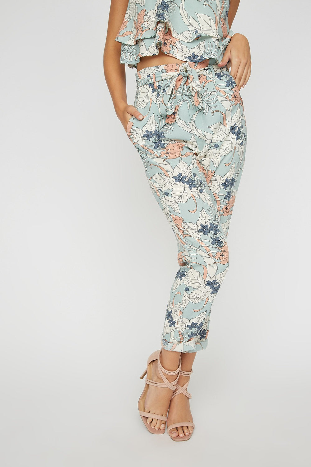 Women Pantalon à taille haute roulée fleuri à taille coulissante Bleu