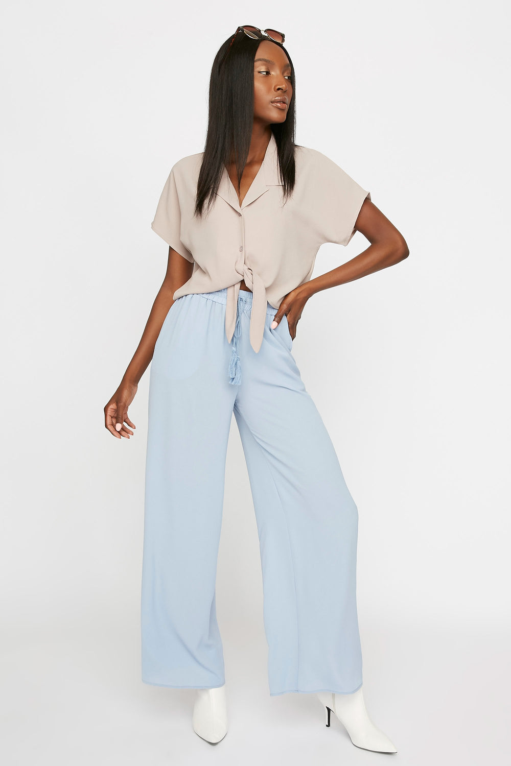Women Pantalon-jupe à jambe large avec pampilles et taille coulissante Bleu