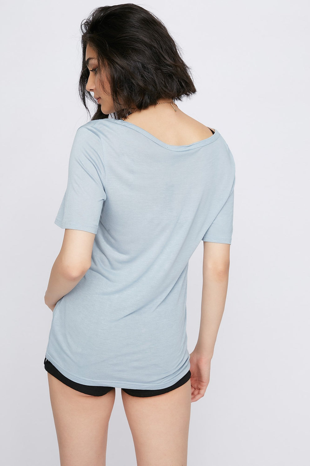 Women T-shirt de base léger à encolure en V Bleu