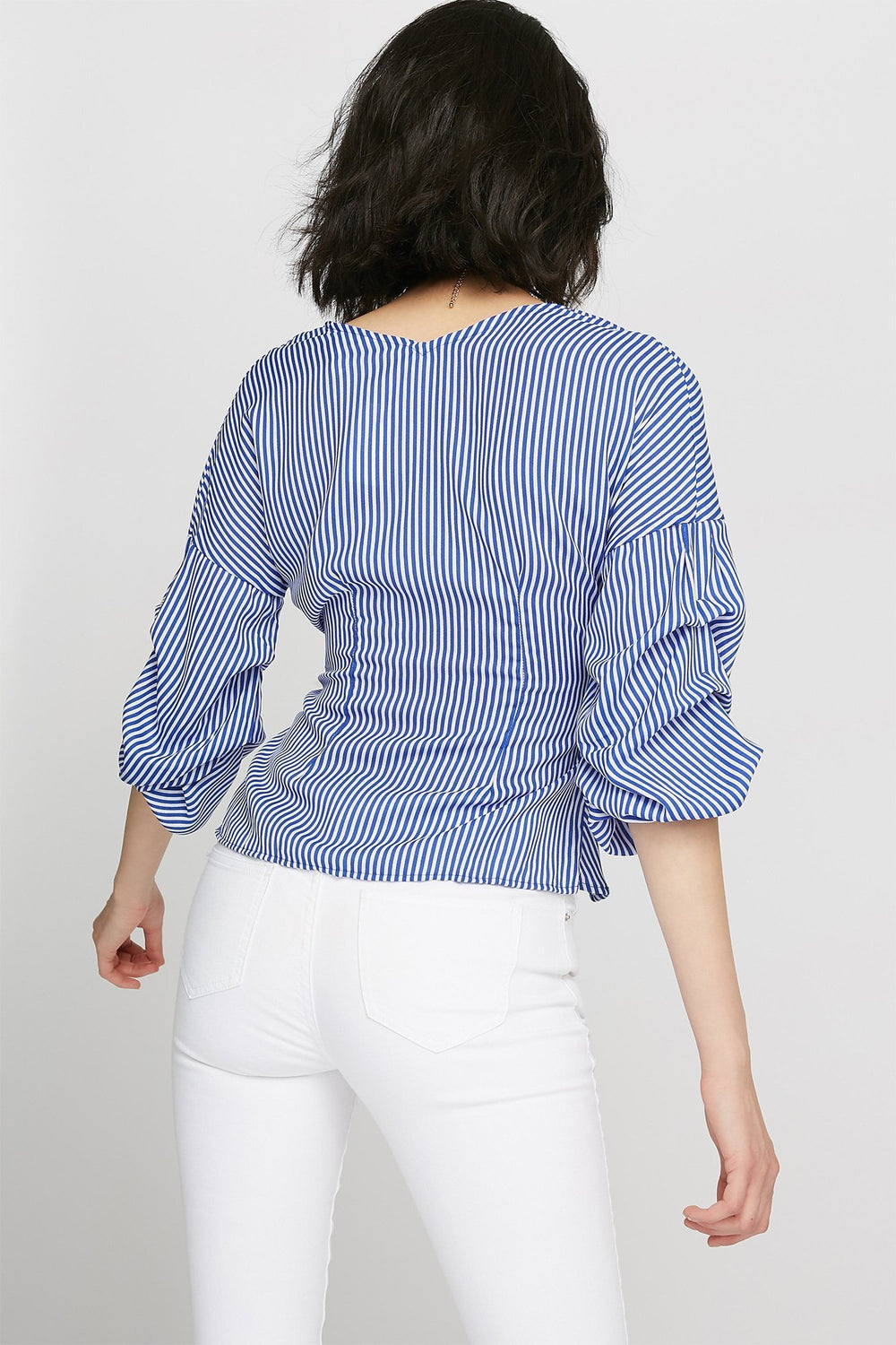 Women Blouse cache-cur volantée à encolure en V avec attache Bleu