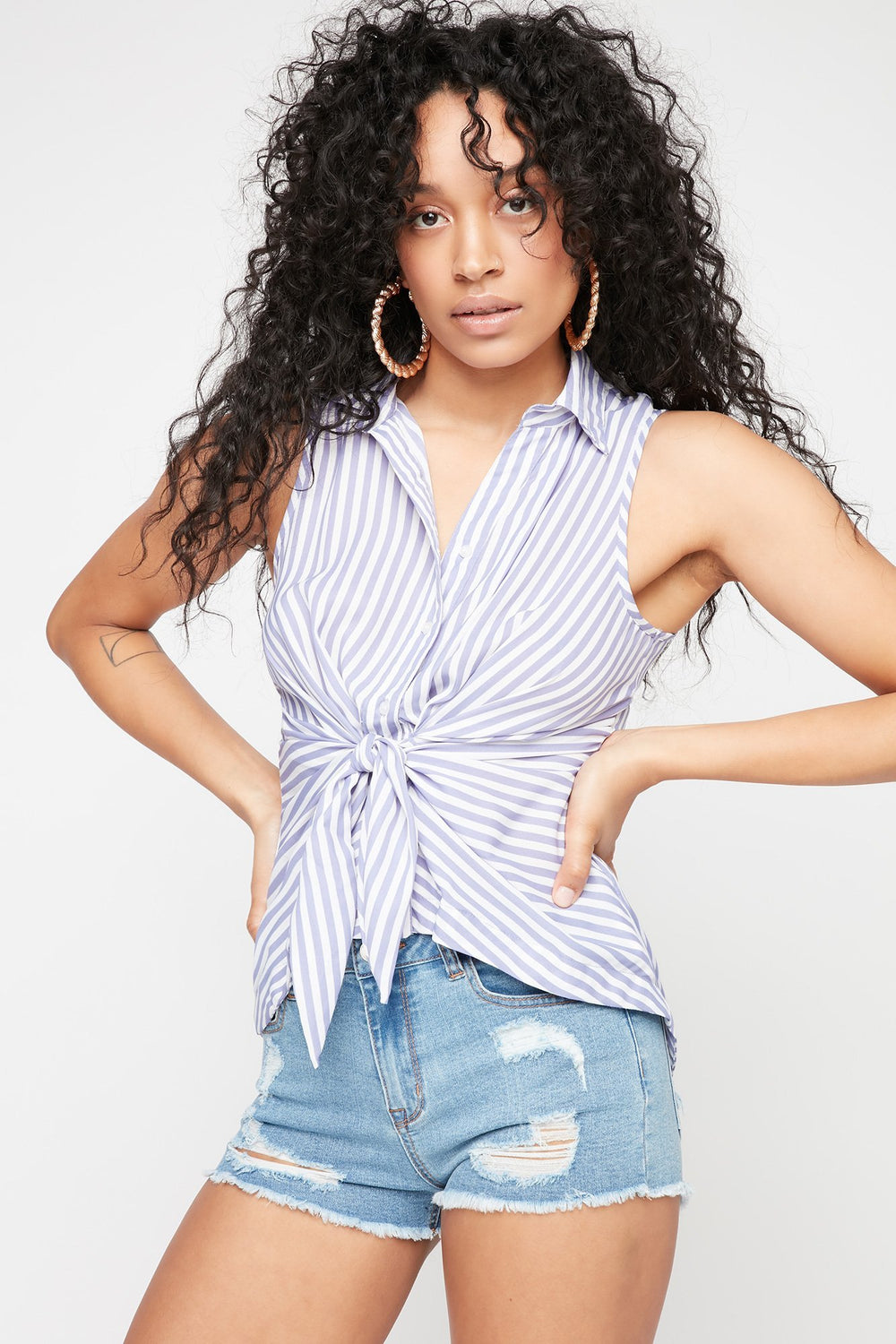 Women Blouse sans manches rayée nouée devant Bleu