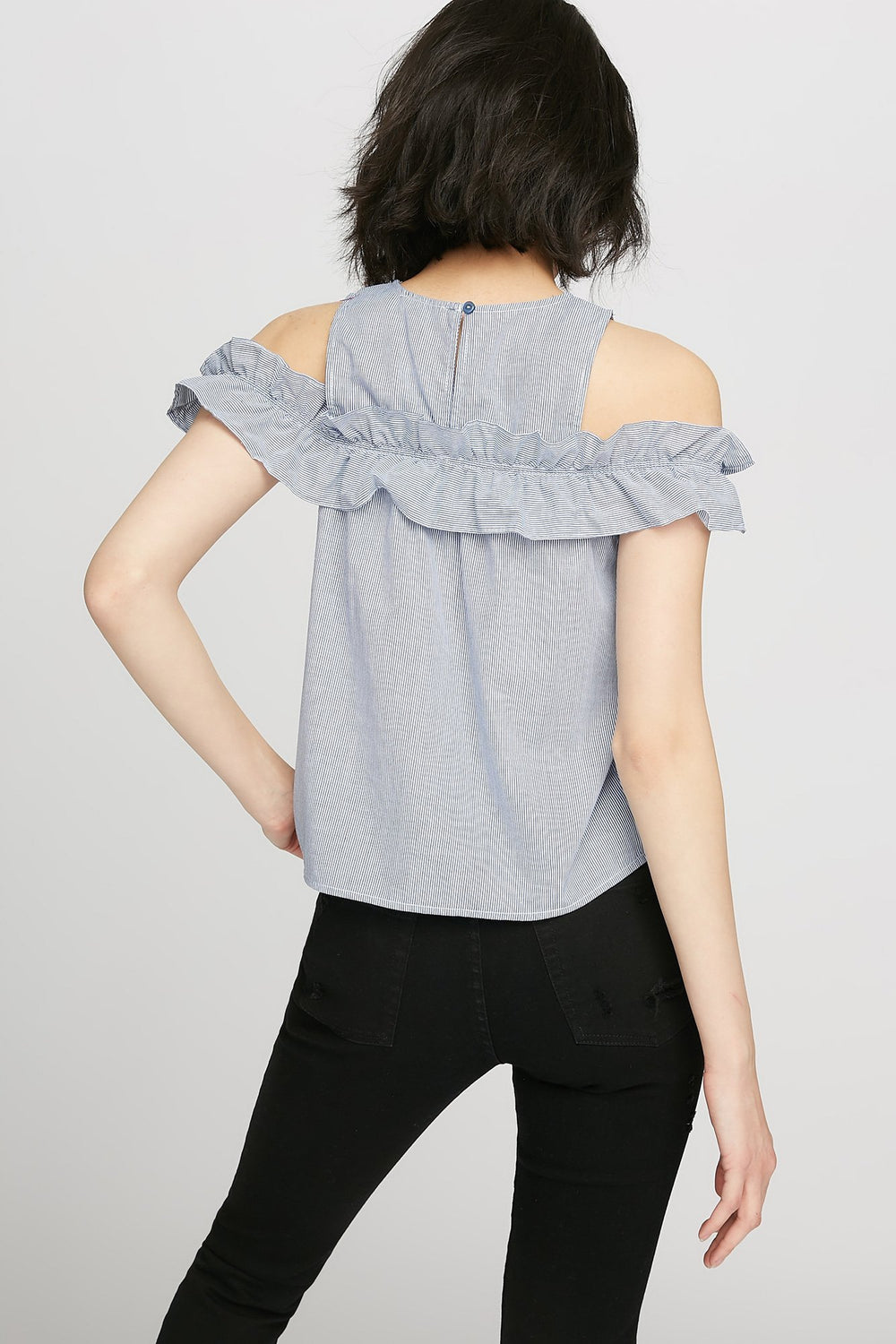 Women Blouse volantée rayée à épaules dénudées Bleu