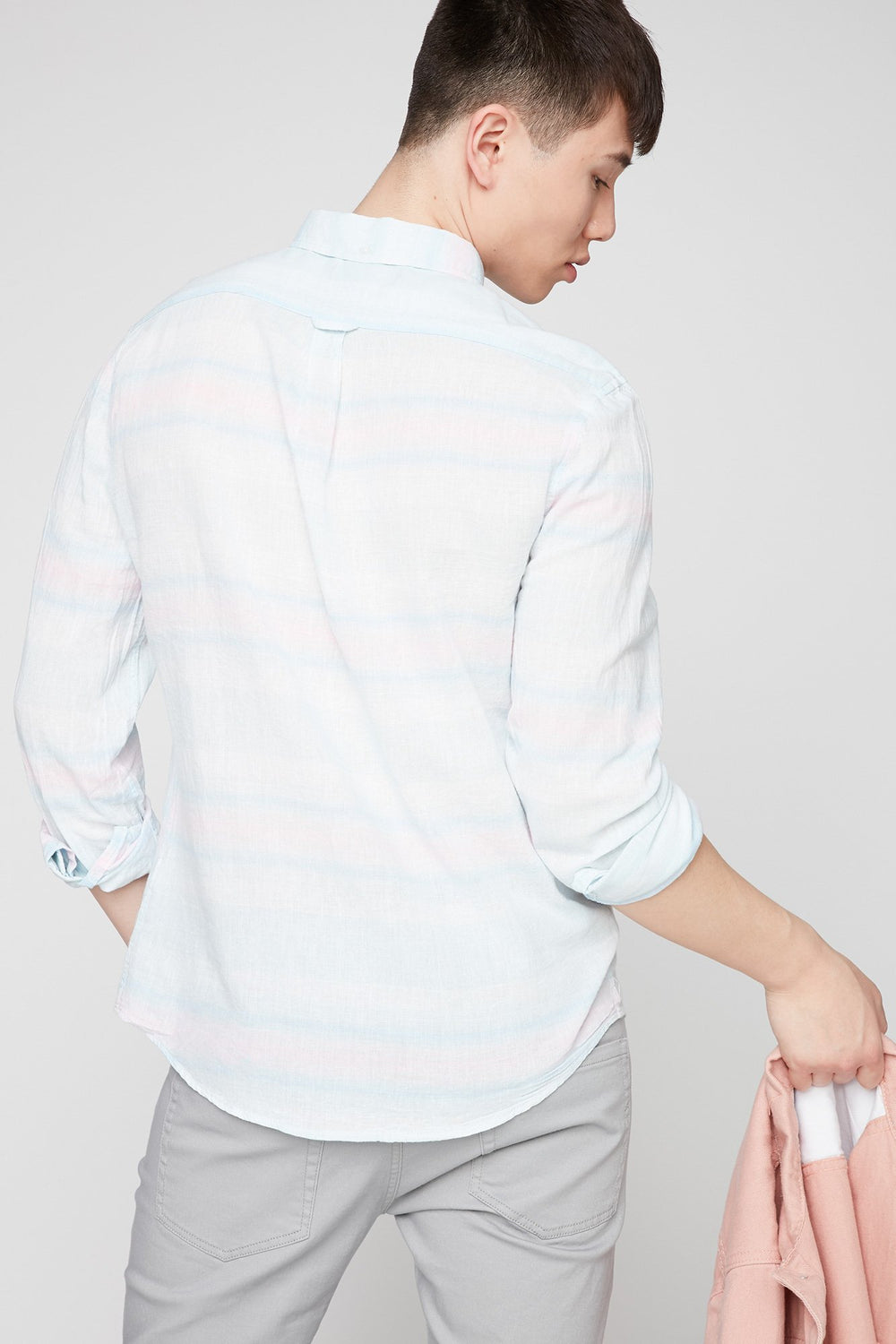 Men Chemise boutonnée en lin rayée Bleu
