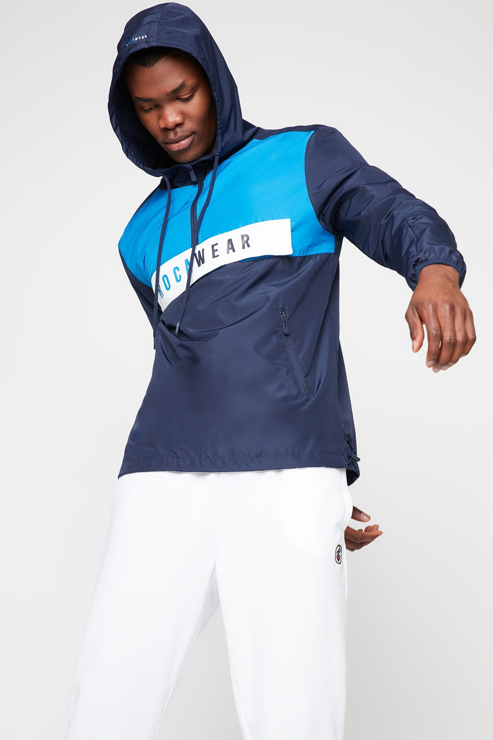 Men Coupe-vent Rocawear à capuchon avec blocs de couleurs et taille coulissante Bleu
