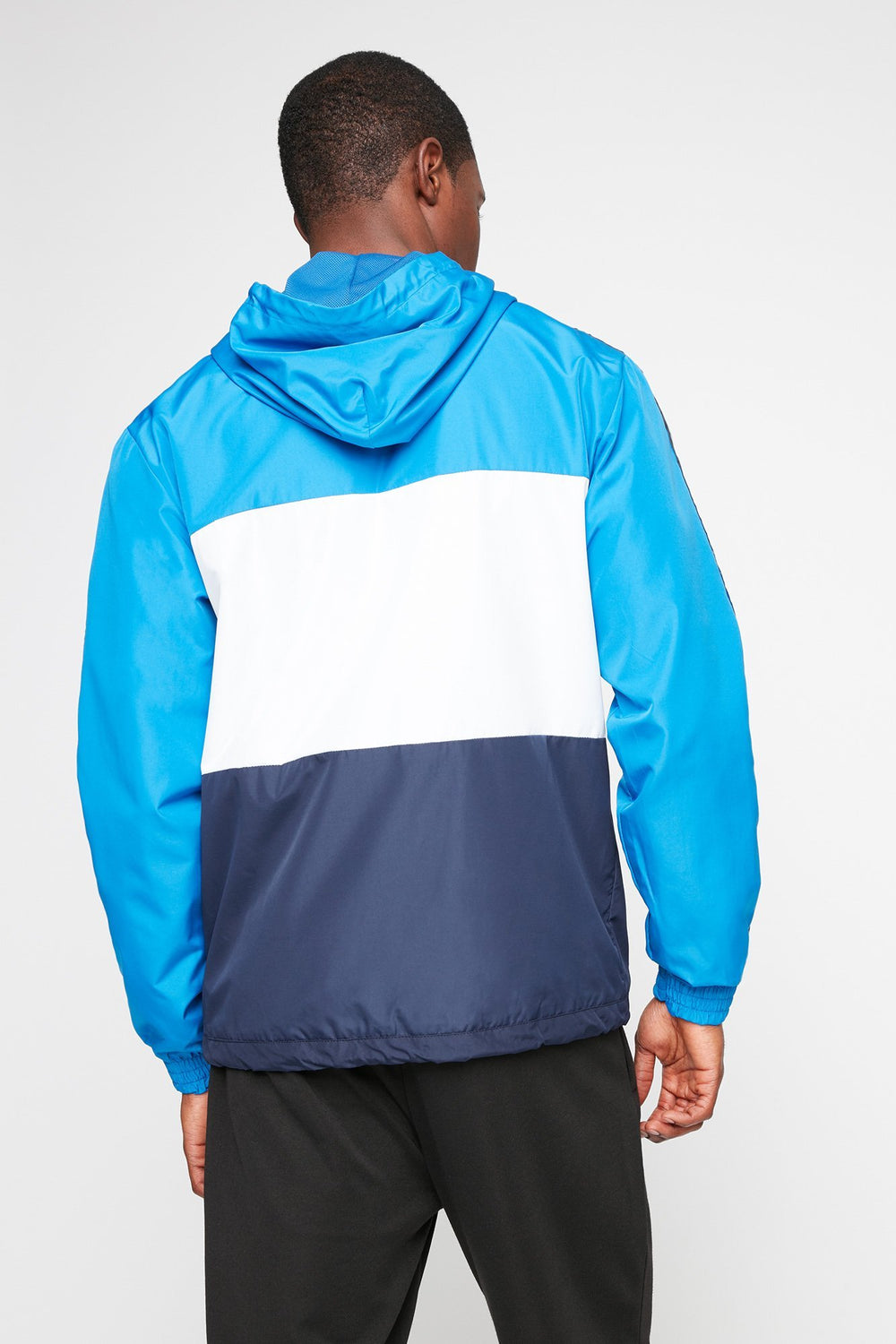 Men Coupe-vent Rocawear à capuchon avec blocs de couleurs, rayures latérales et taille coulissante Bleu