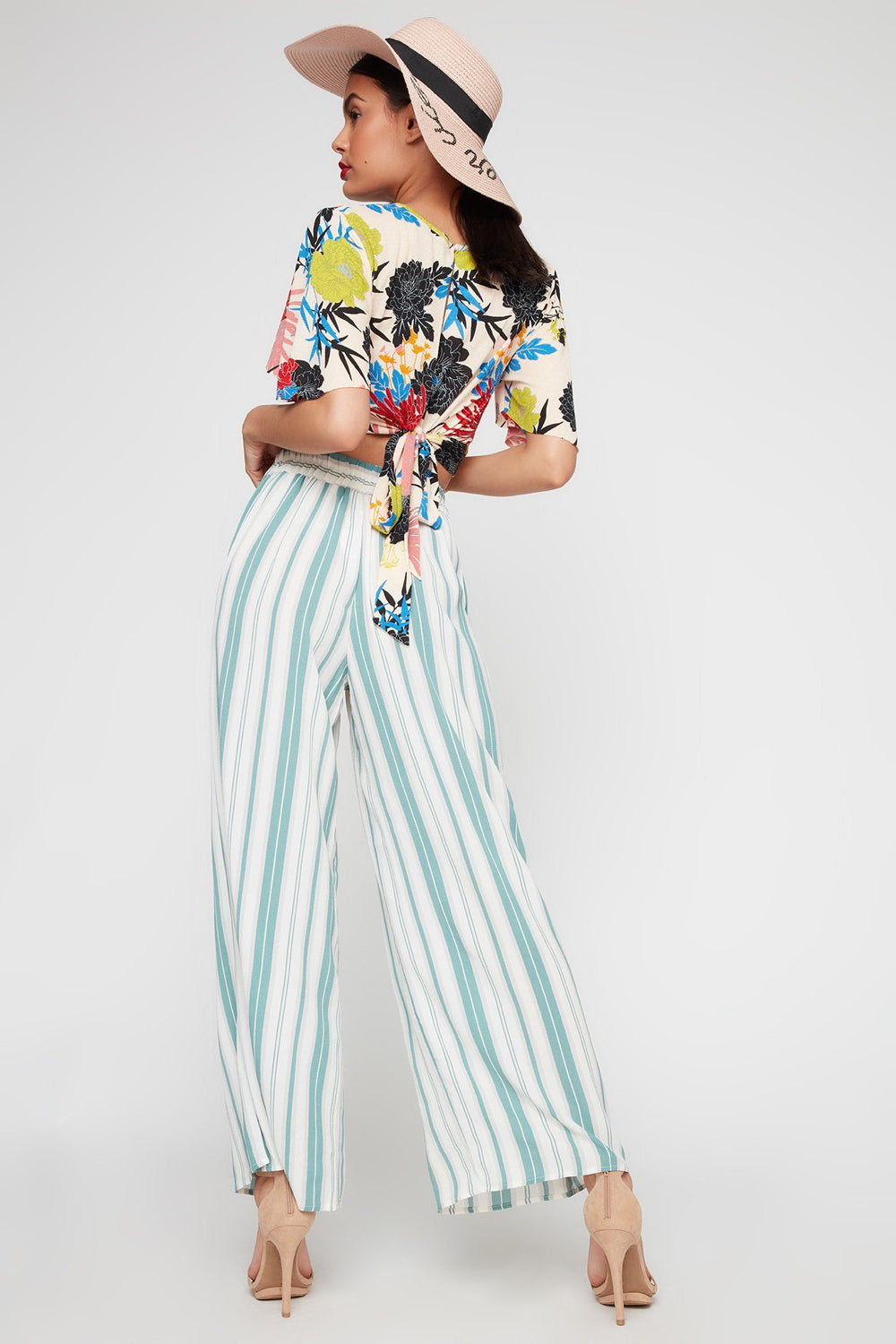 Women Pantalon tulipe à taille haute et jambe large avec attache Bleu