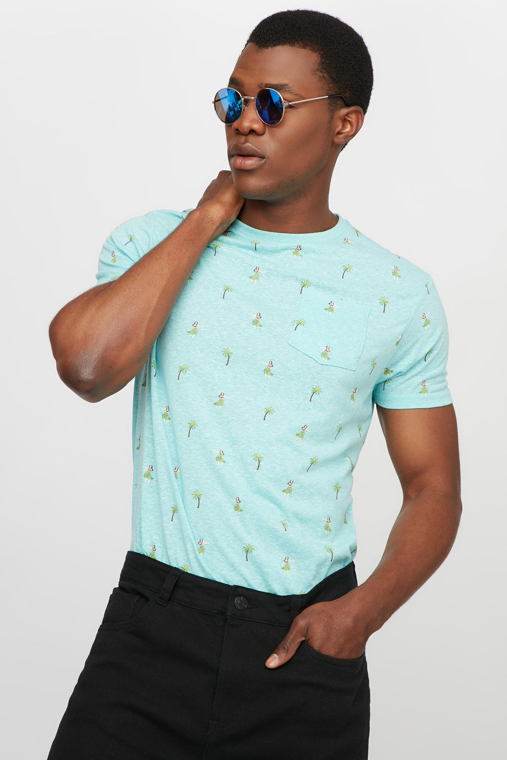 Men T-shirt à encolure dégagée et petits motifs Bleu