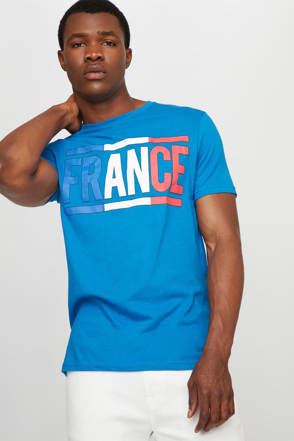 Men T-shirt à imprimé World Cup France avec encolure dégagée Bleu