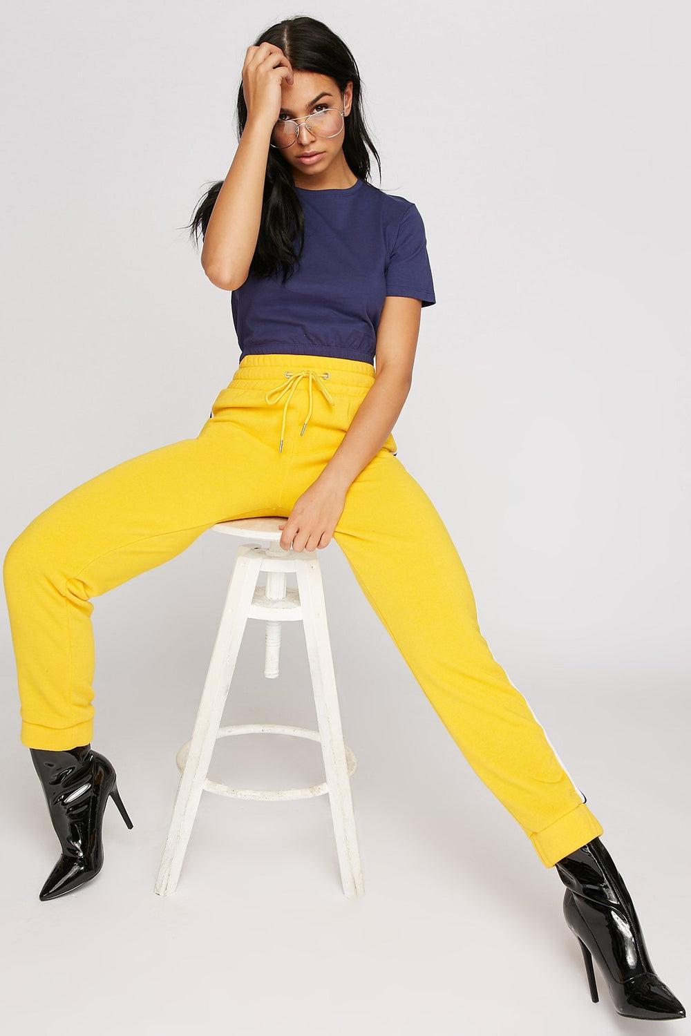 Women Cinched Cropped Crewneck T-Shirt Blue