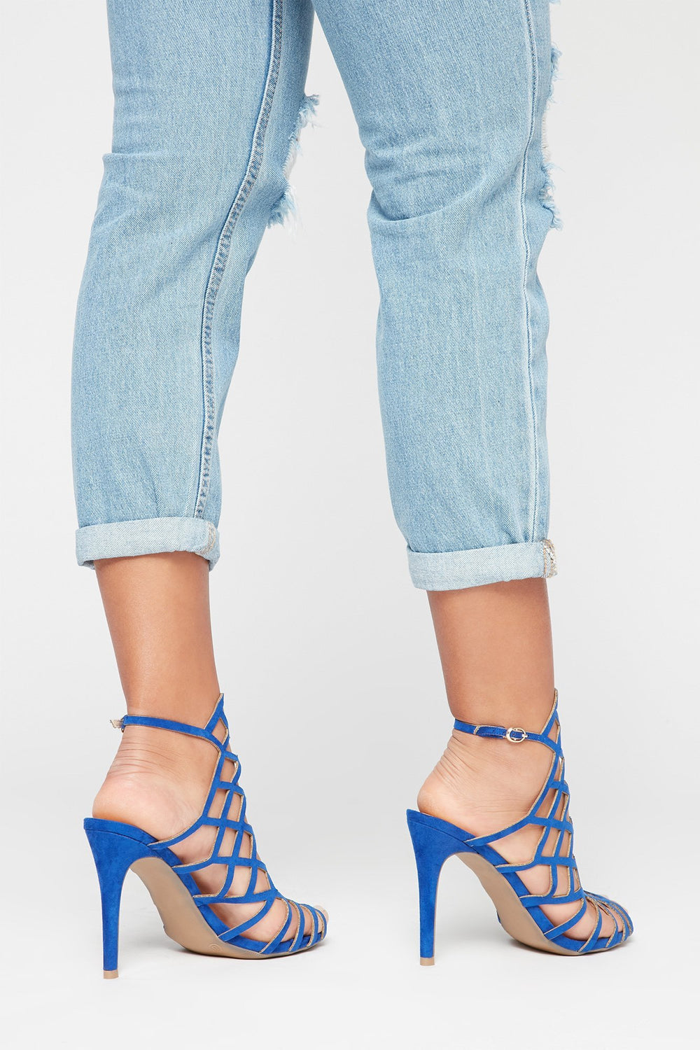 Women Faux-Suede Geometric Caged Stiletto Heel Blue