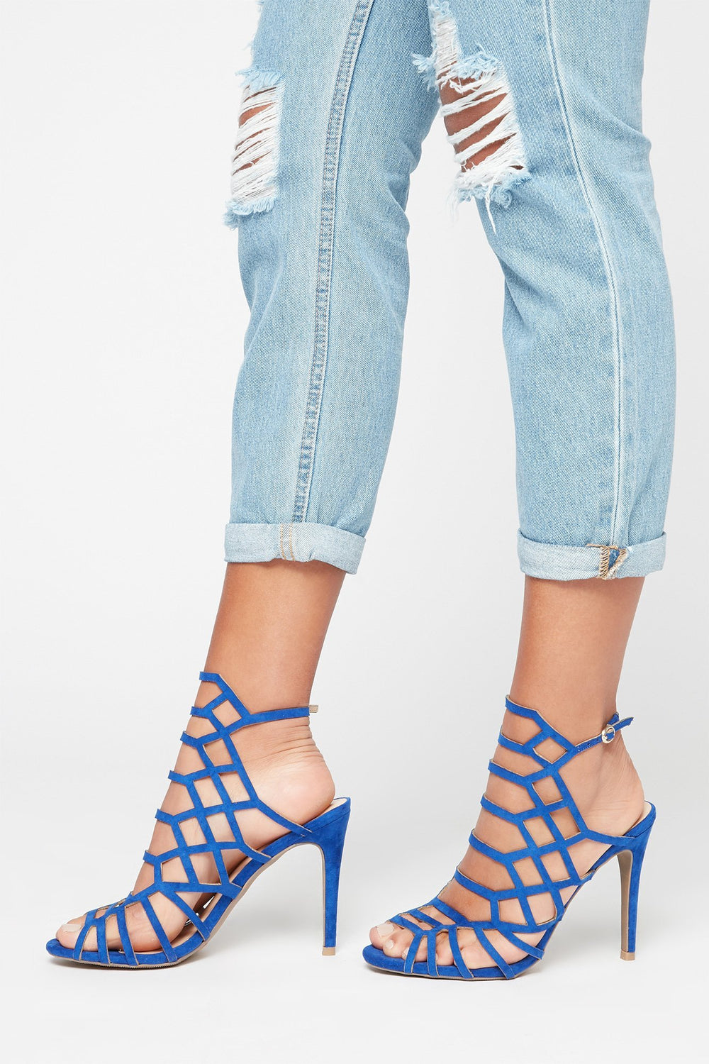 Women Faux-Suede Geometric Caged Stiletto Heel Blue