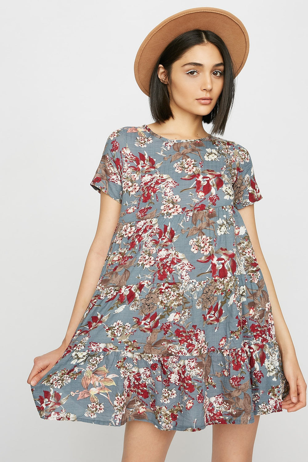 Women Floral Crewneck Peplum Dress Blue