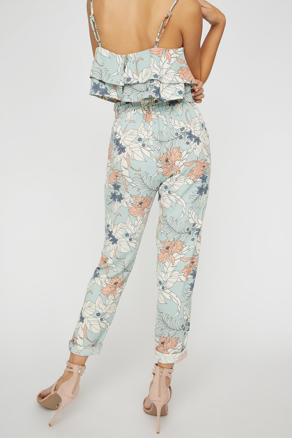 Women High-Rise Floral Drawstring Paperbag Pant Blue