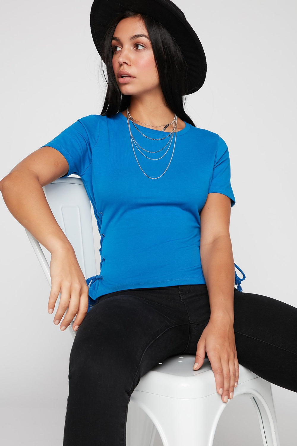 Women Lace-Up Side T-Shirt Blue