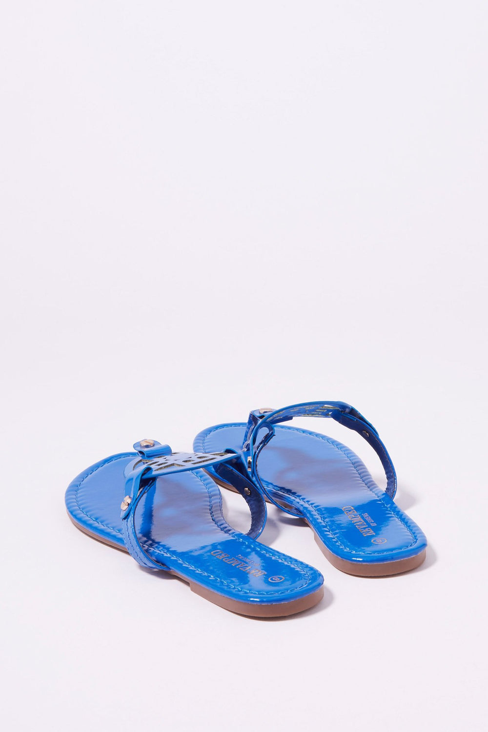 Women Medallion T-Bar Slip-On Sandal Blue