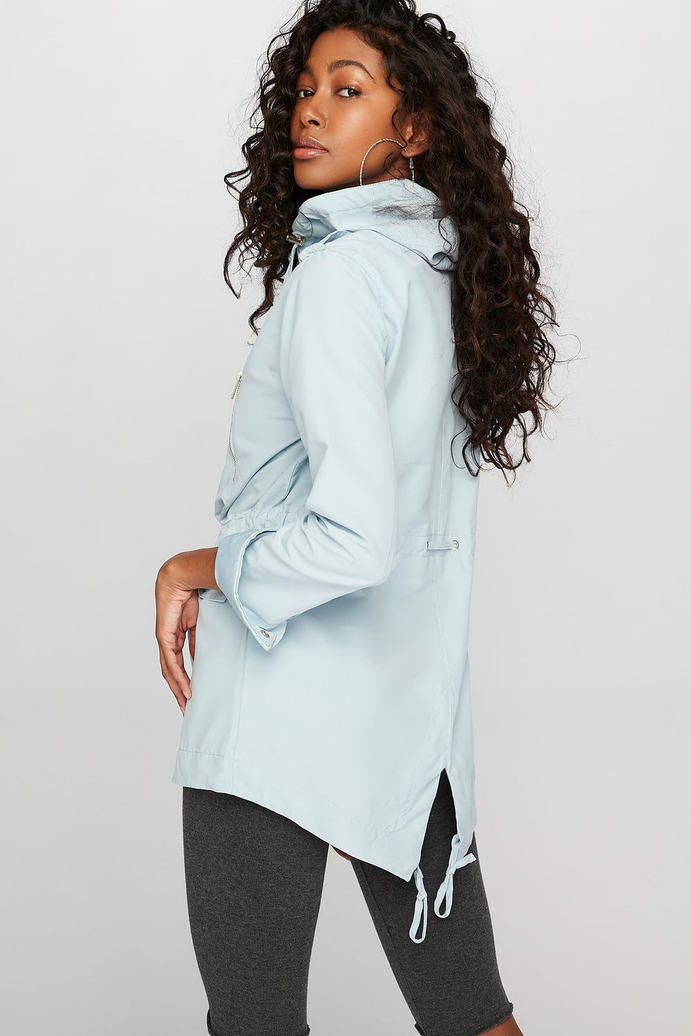 Women Microfiber Hooded Drawstring Anorak Jacket Blue