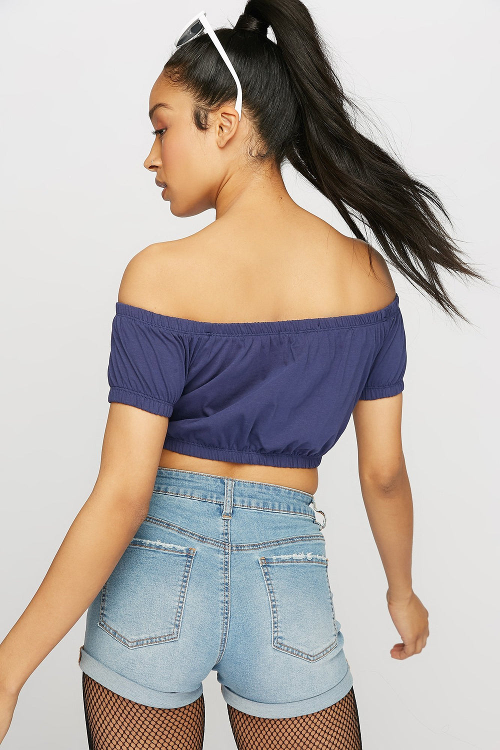 Women Off The Shoulder Cinched Cropped T-Shirt Blue