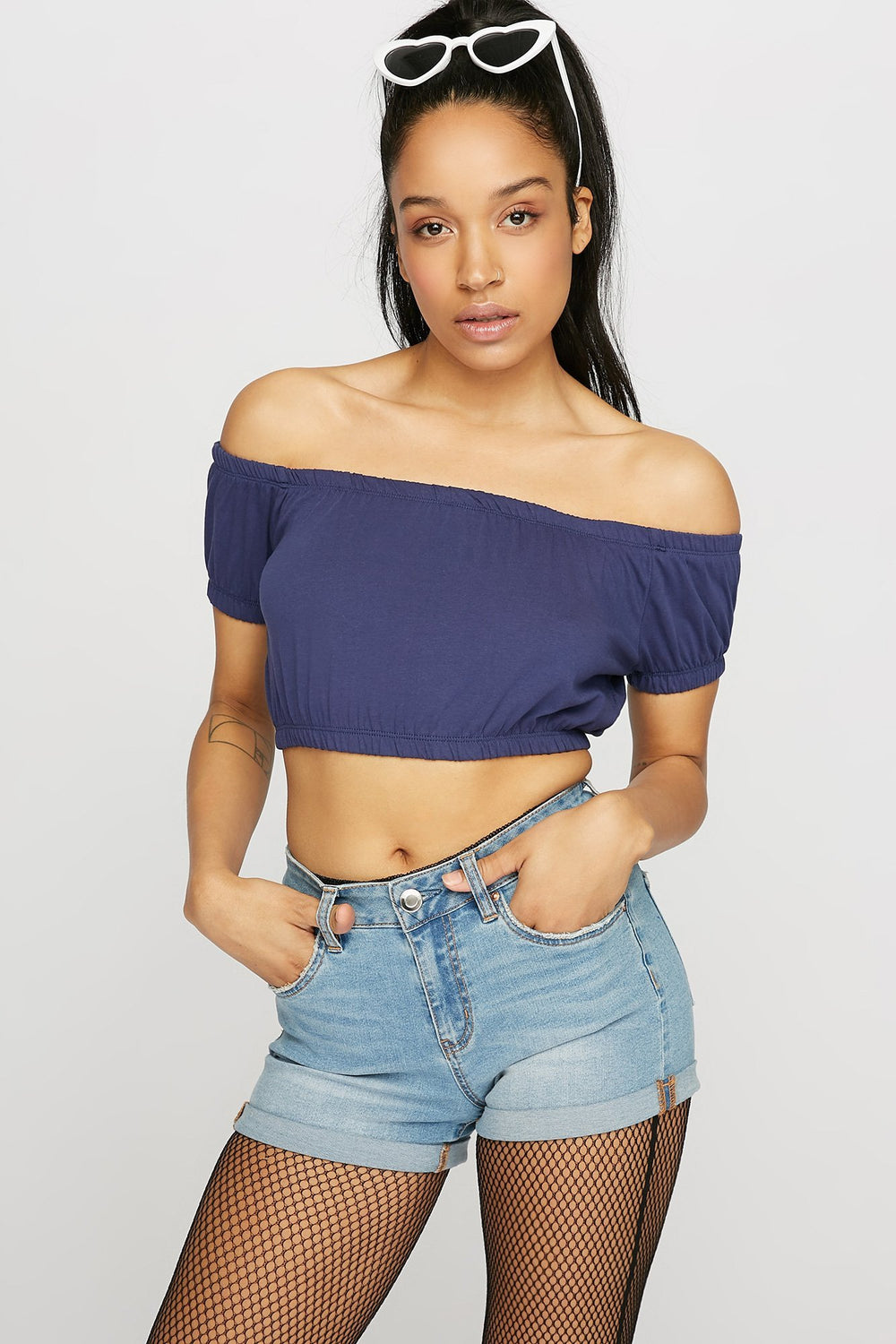 Women Off The Shoulder Cinched Cropped T-Shirt Blue