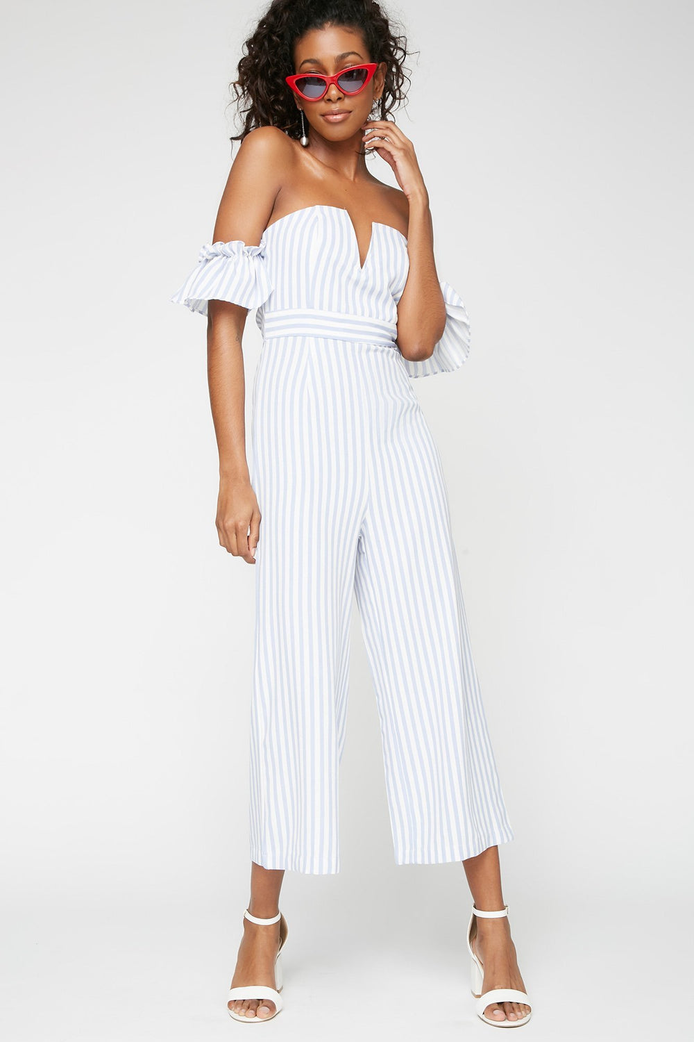 Women Off The Shoulder Striped Ruffle Bell Sleeve Culotte Jumpsuit Blue