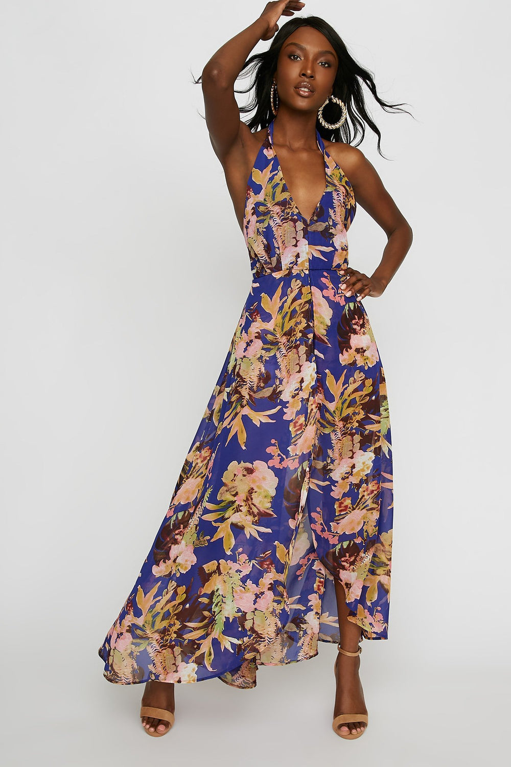 Women Plunging V-Neck Floral Mesh Halter Walkthrough Romper Blue