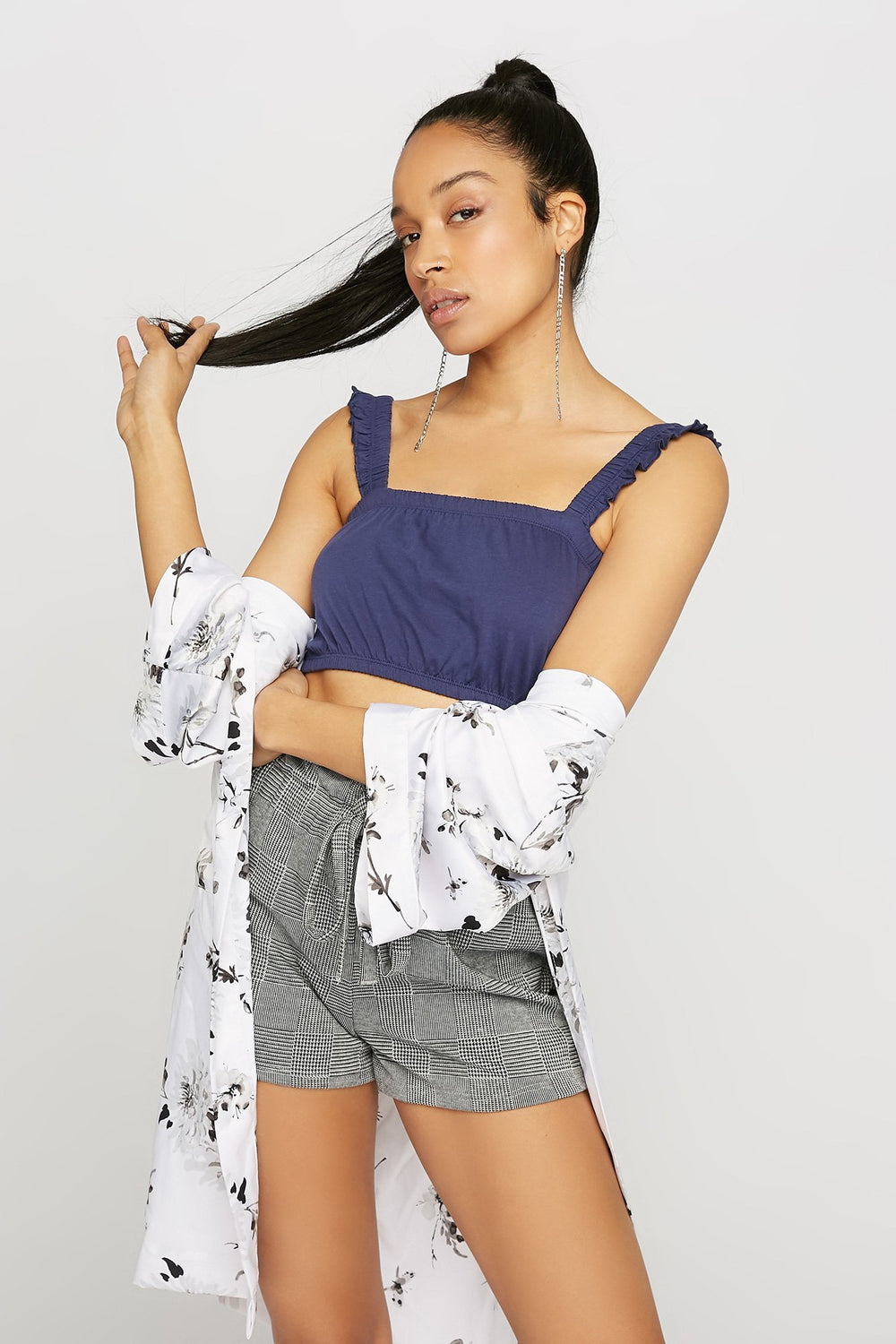 Women Ruffle Cinched Cropped Tank Blue