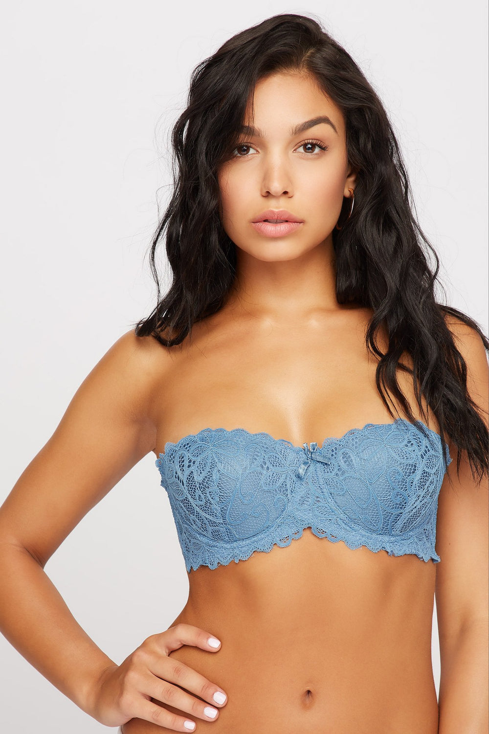 Women Strapless Crochet Floral Push-Up Bra Blue