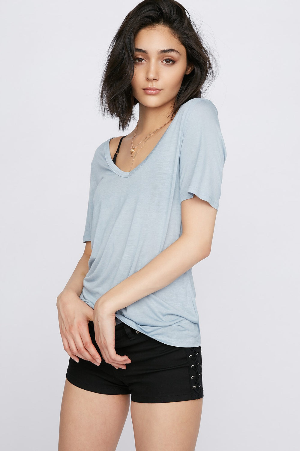 Women V-Neck Lightweight Basic T-Shirt Blue