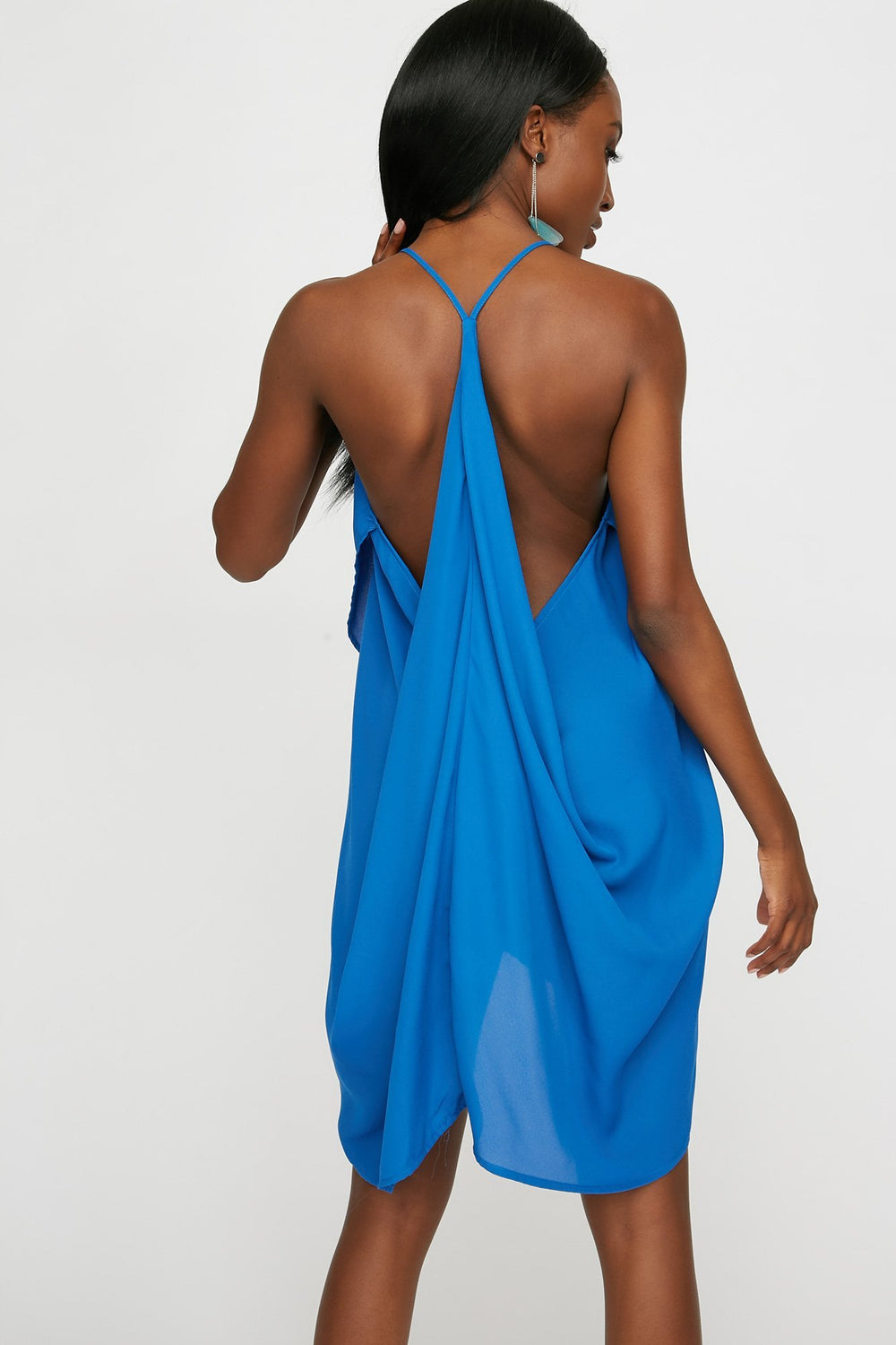 Women V-Neck Ruffle Drape Mini Dress Blue