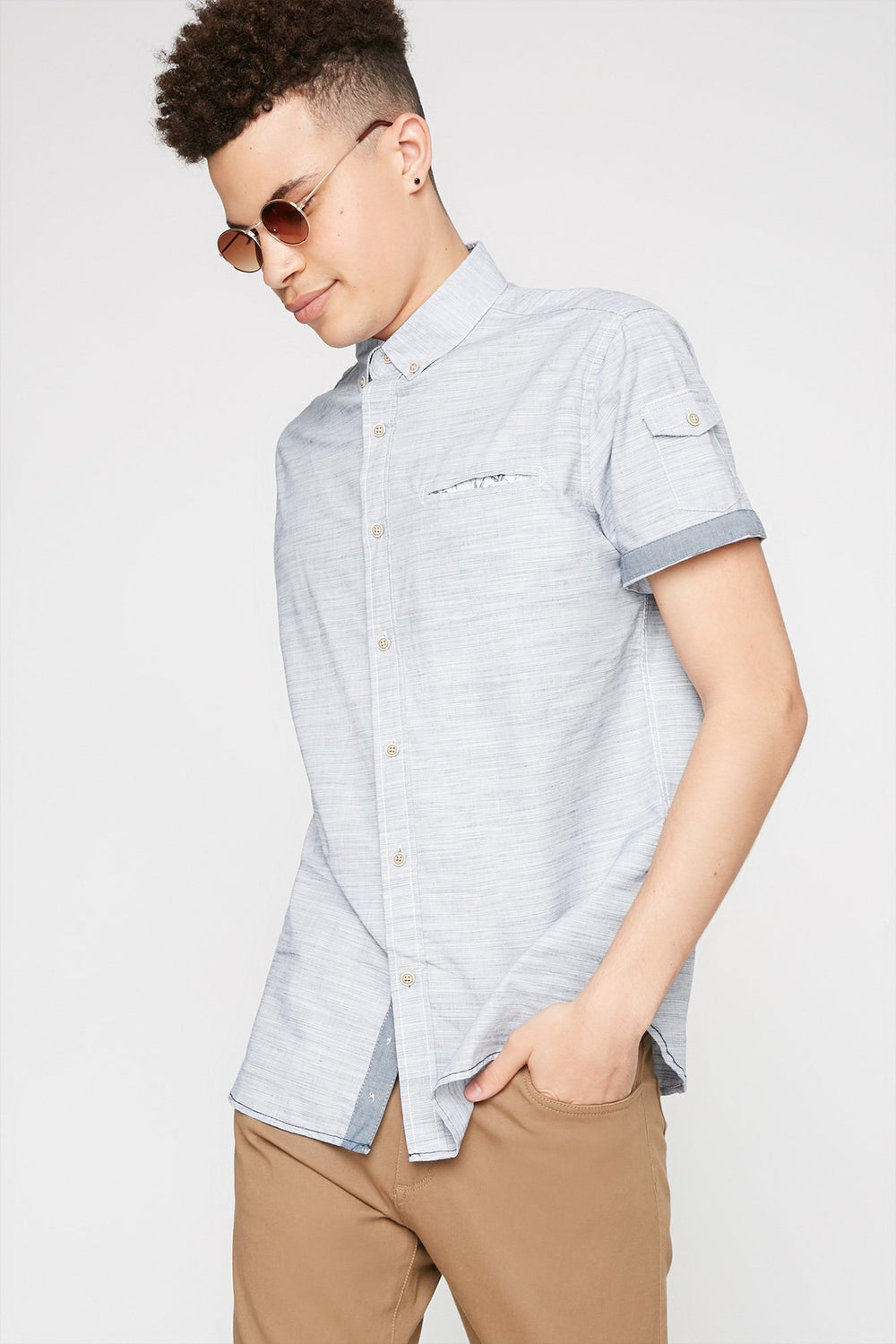 Men Chambray Textured Pocket Button-Up Short Sleeve Shirt Blue