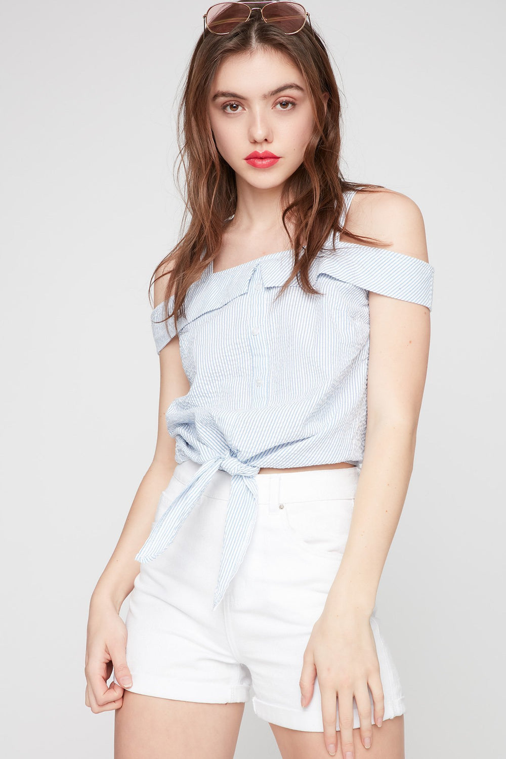 Women Cold Shoulder Button-Up Front-Knot Blouse Blue