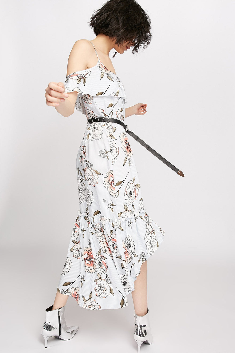 Women Cold Shoulder Printed Ruffle High-Low Maxi Dress Blue