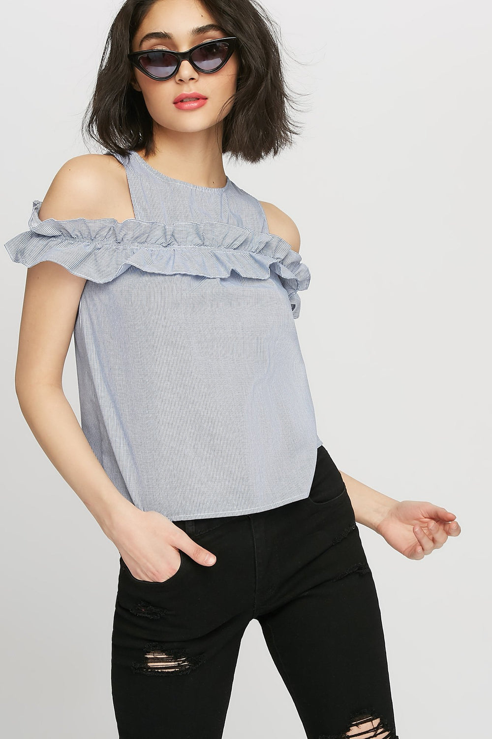 Women Cold Shoulder Striped Ruffle Blouse Blue