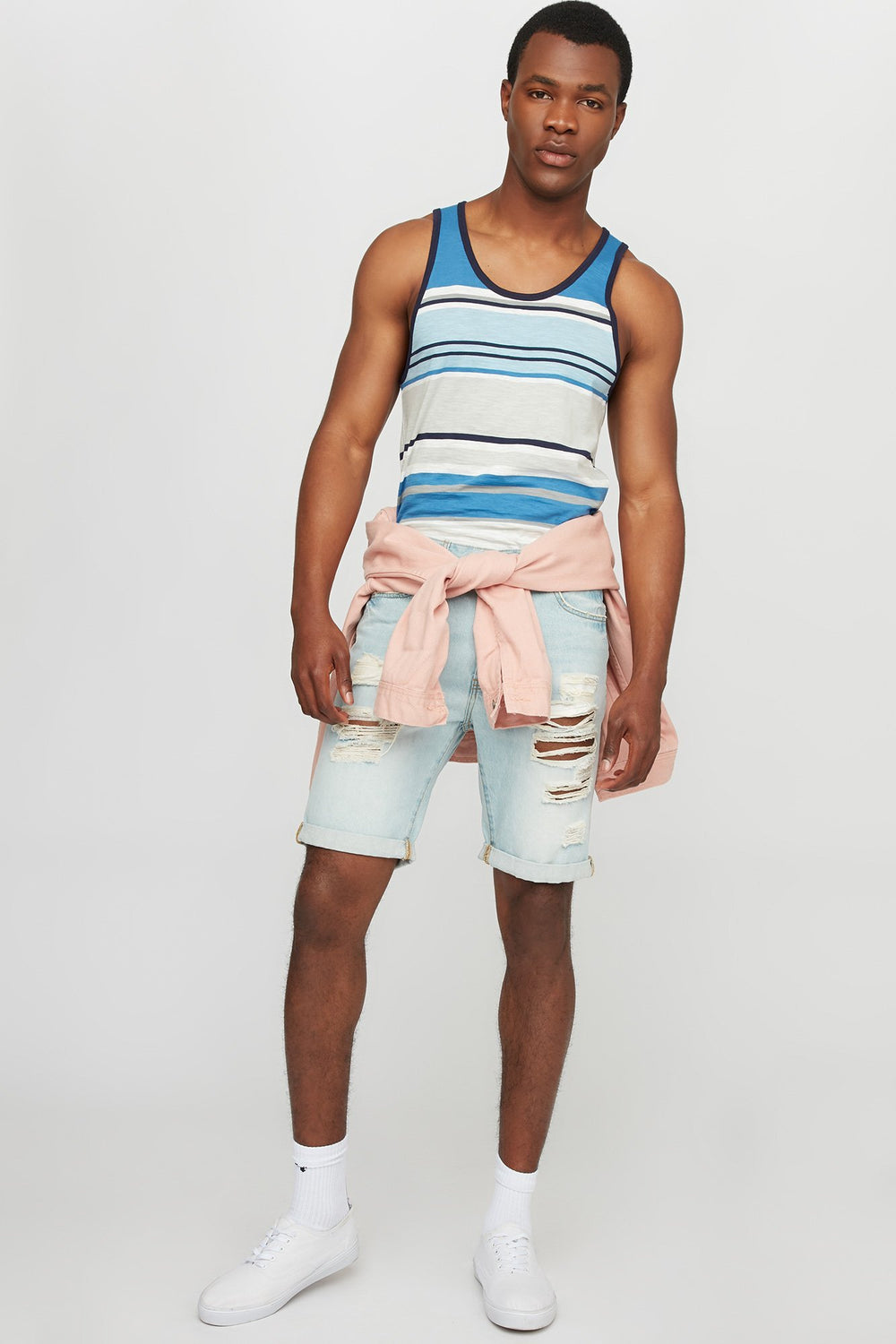 Men Coloured Striped Ringer Tank Blue