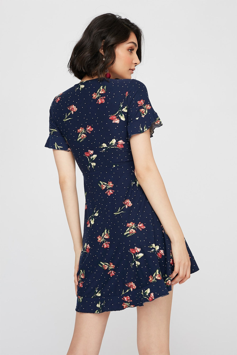 Women Faux-Wrap Floral Printed Ruffle Dress Blue