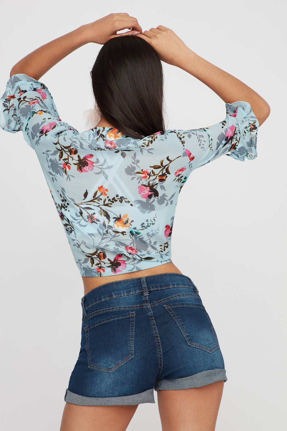 Women Floral Ruffle Bell Sleeve Mesh Front-Tie Cardigan Blue