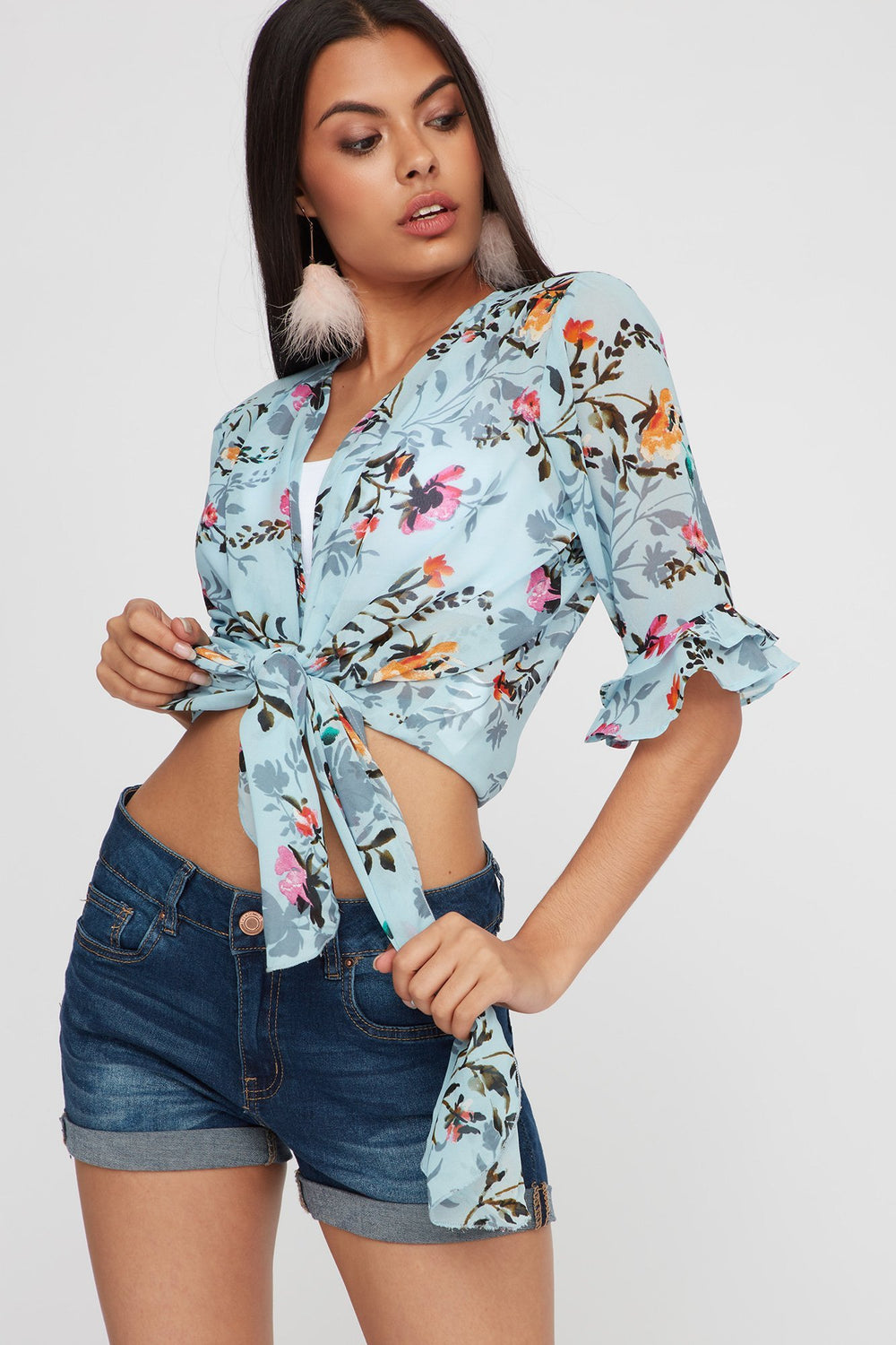Women Floral Ruffle Bell Sleeve Mesh Front-Tie Cardigan Blue