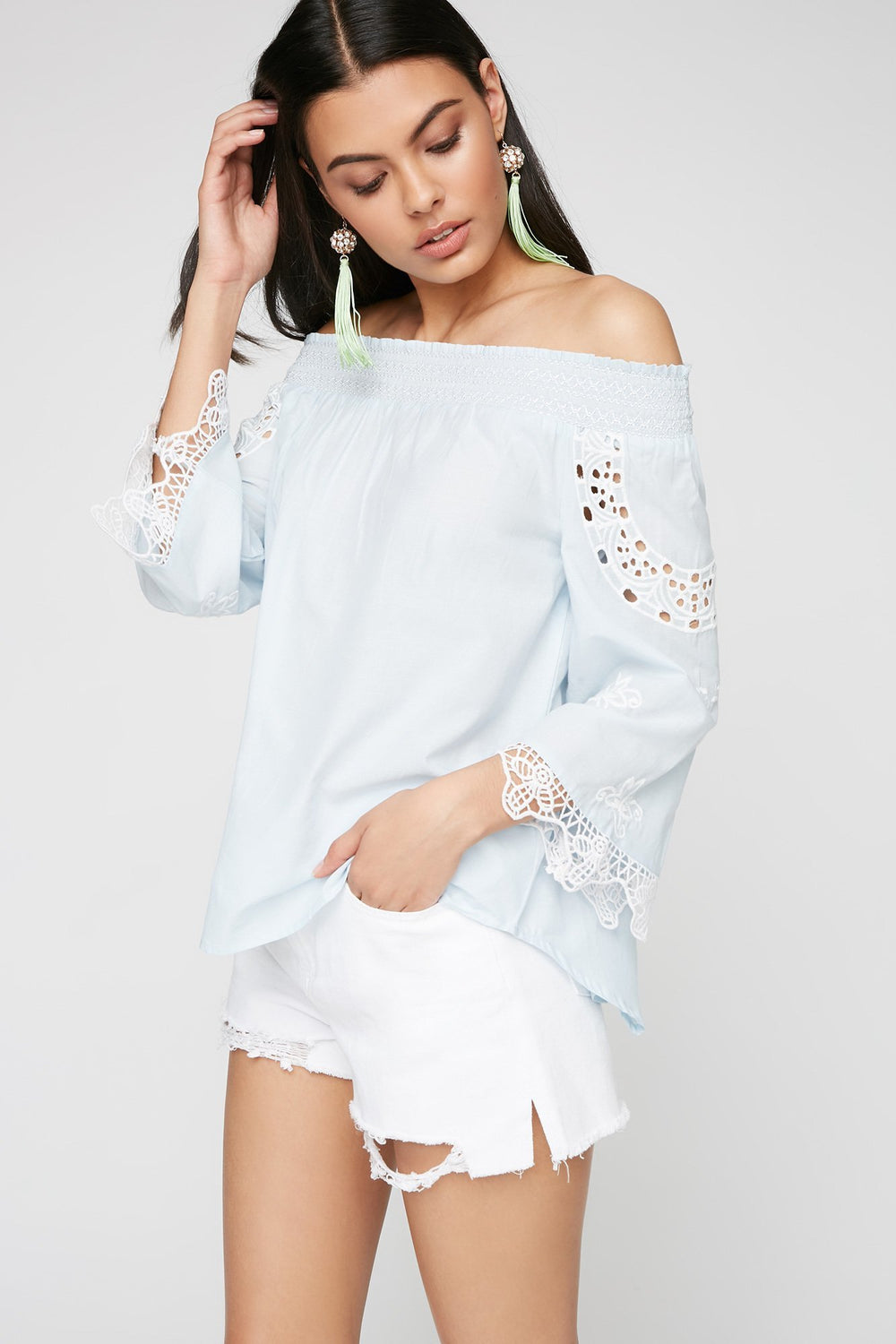 Women Off The Shoulder Smocked Crochet Blouse Blue