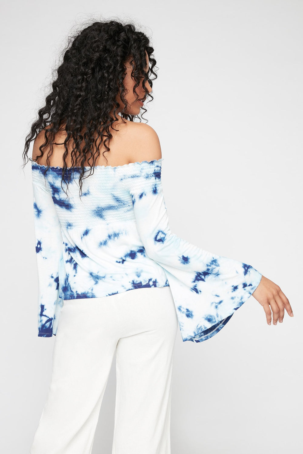 Women Off The Shoulder Tie-Dye Smocked Bell Sleeve Blouse Blue