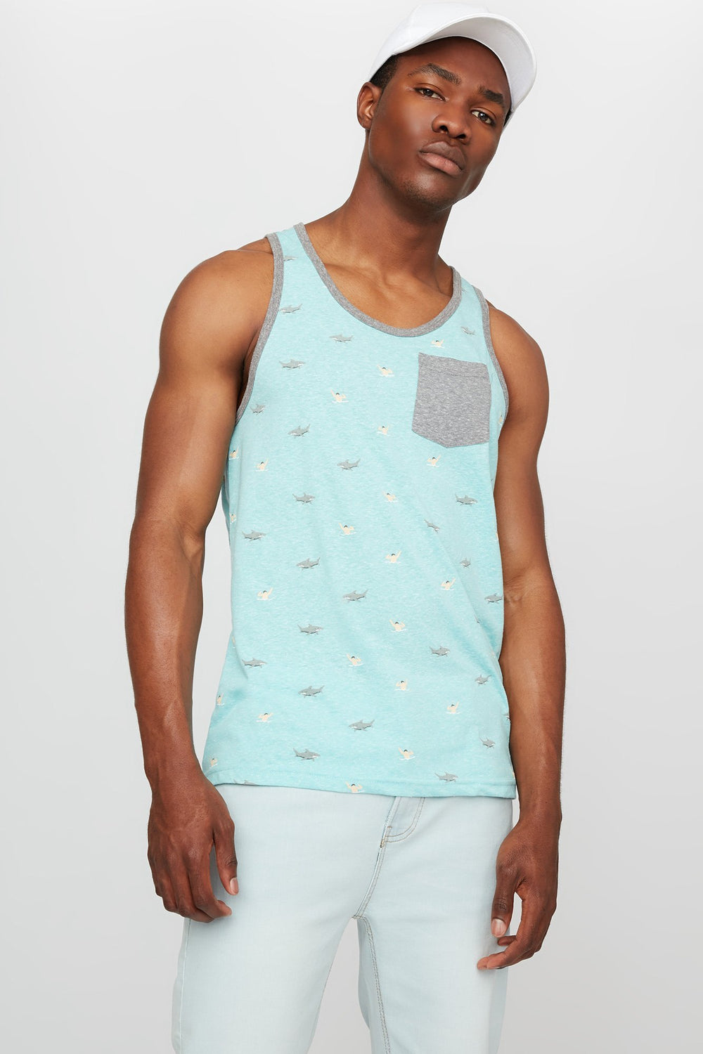 Men Printed Ringer Graphic Tank Blue