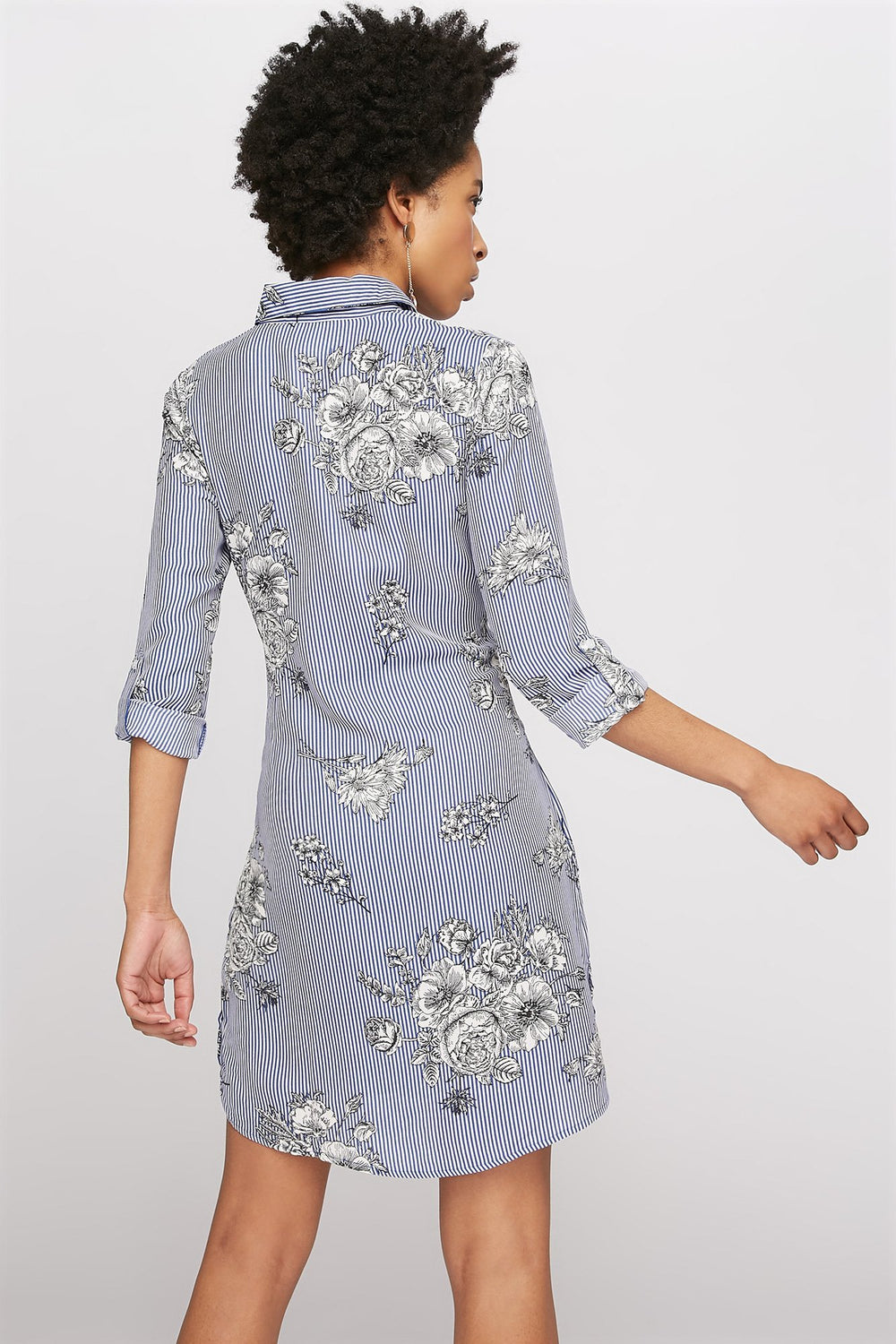 Women Printed Self-Tie Long Sleeve Button-Up Dress Blue