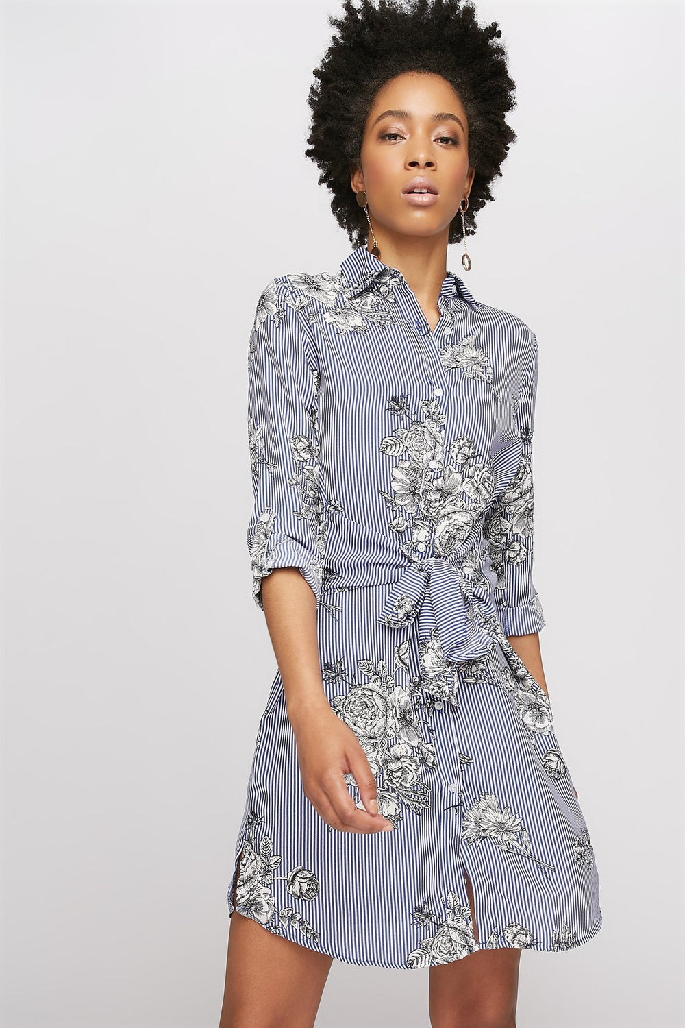 Women Printed Self-Tie Long Sleeve Button-Up Dress Blue