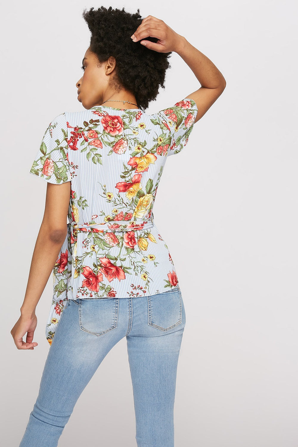 Women Printed Self-Tie Wrap Blouse Blue