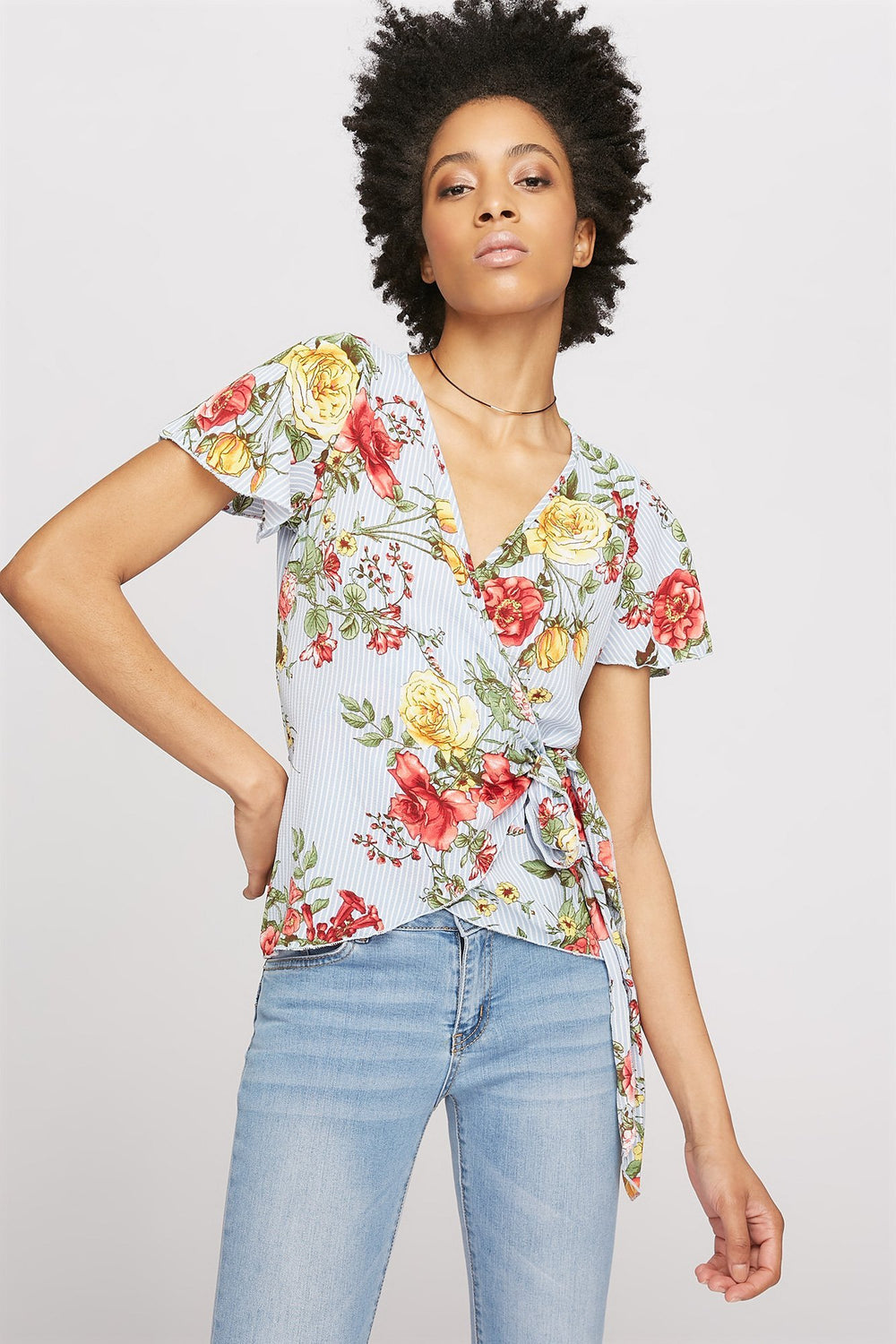 Women Printed Self-Tie Wrap Blouse Blue