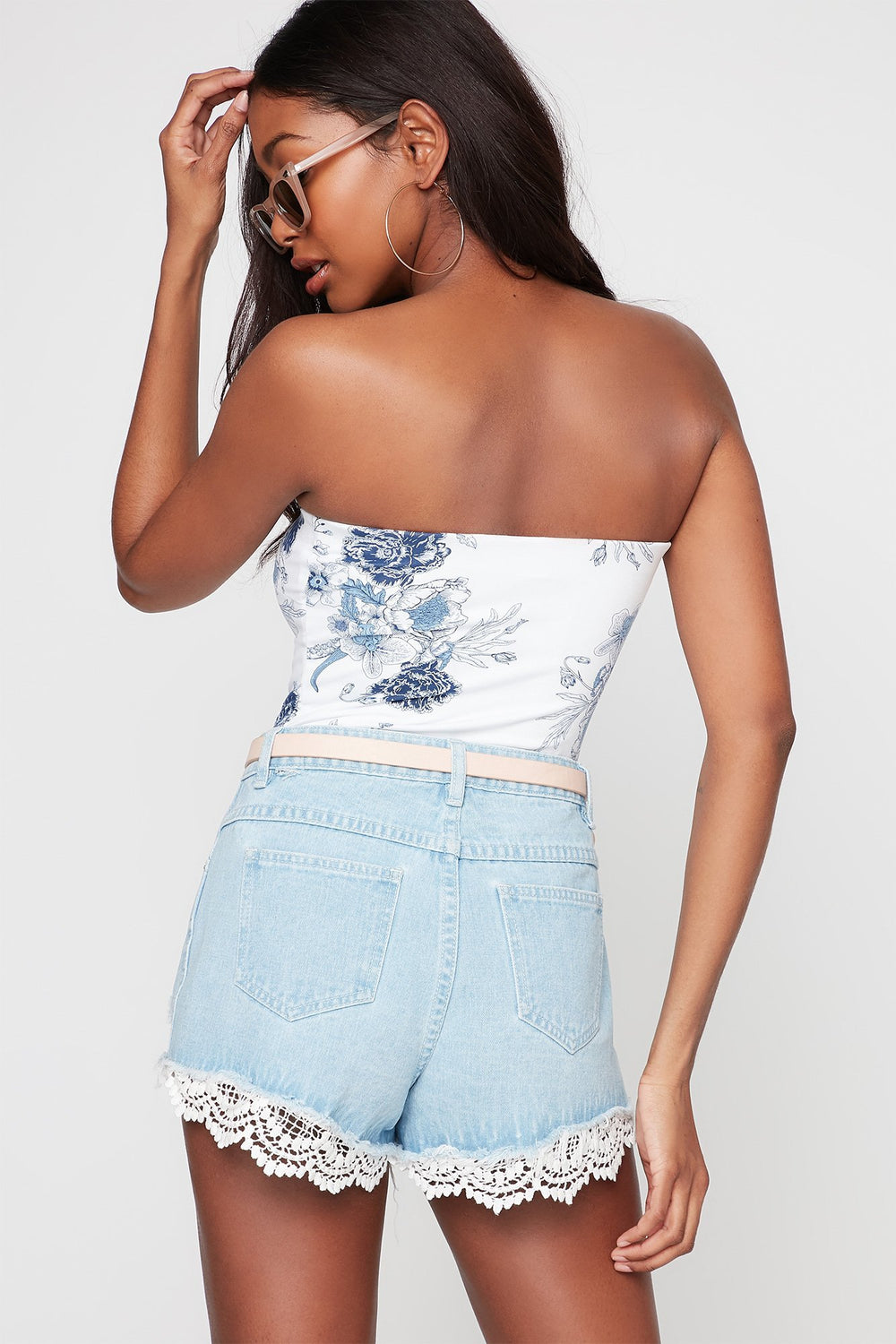 Women Printed Strapless Bodysuit Blue